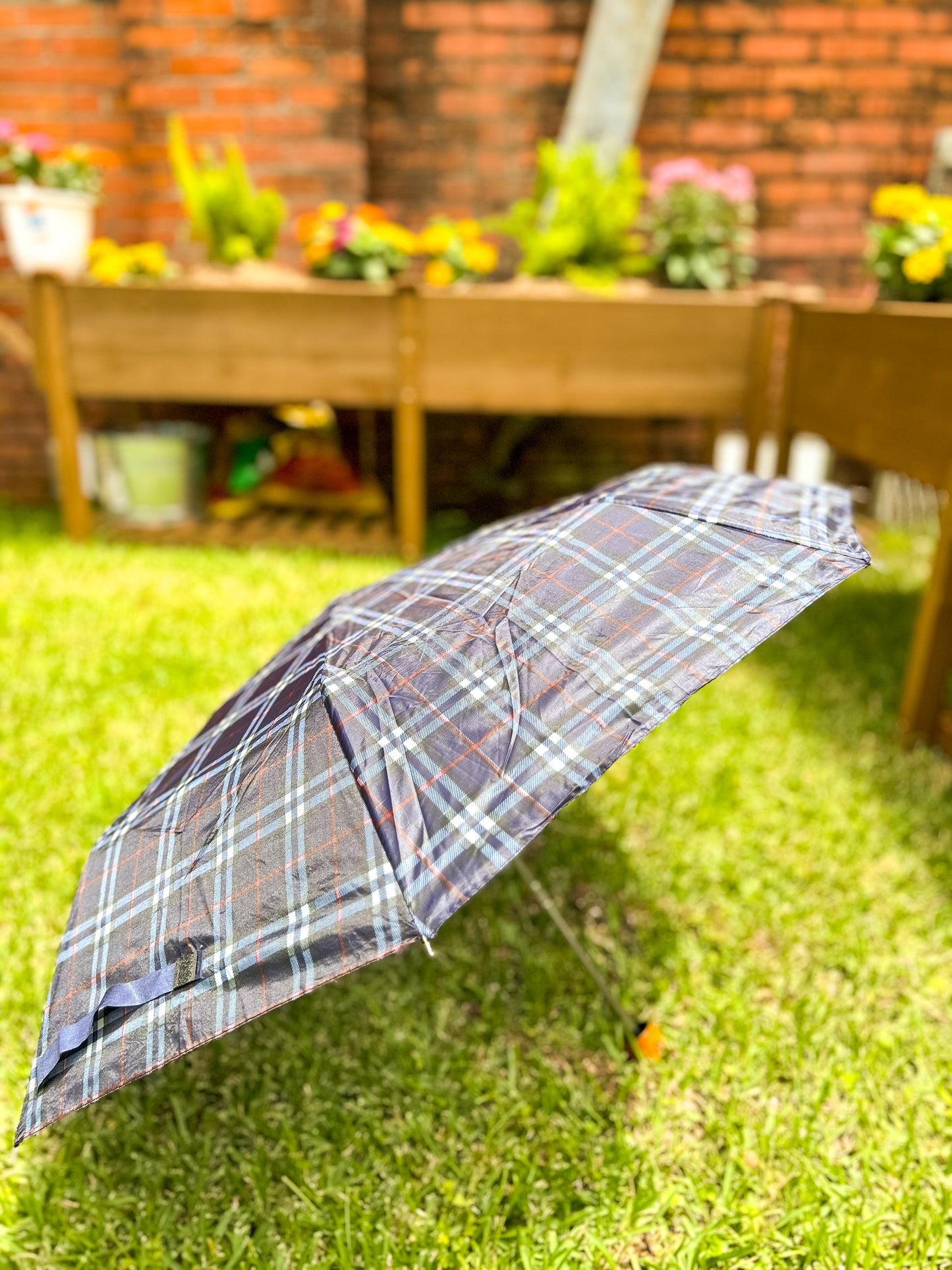 Blue Plaid Compact Umbrella