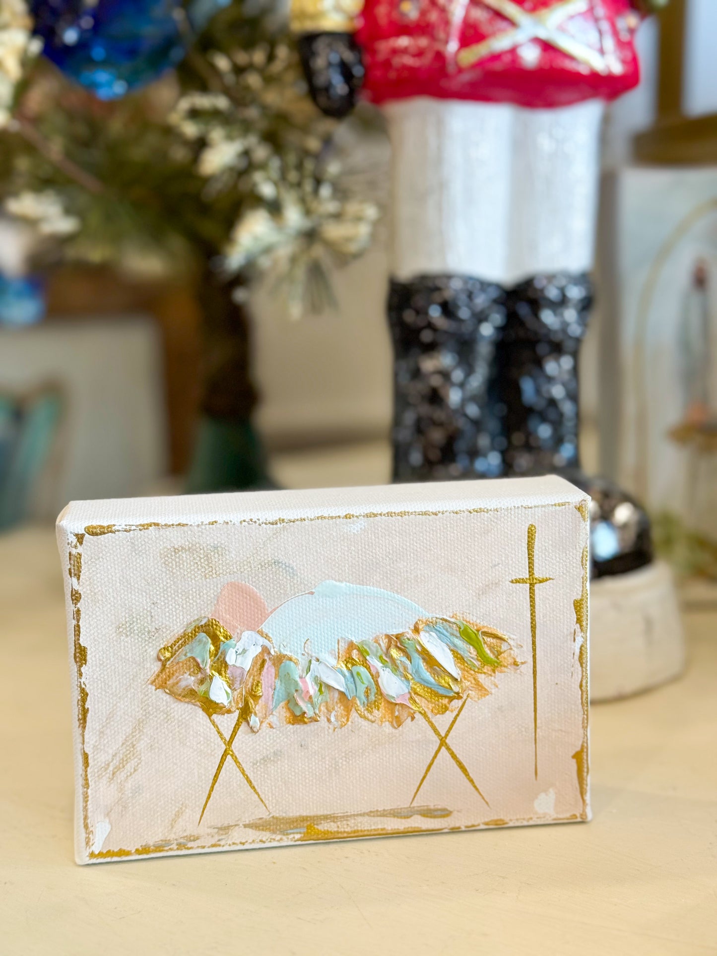 6x4 Neutral Pink Jesus in the Manger — Hand-Painted Art