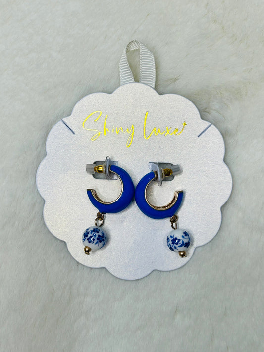 Zuri Watercolor Bead Blue/White Hoop Earrings