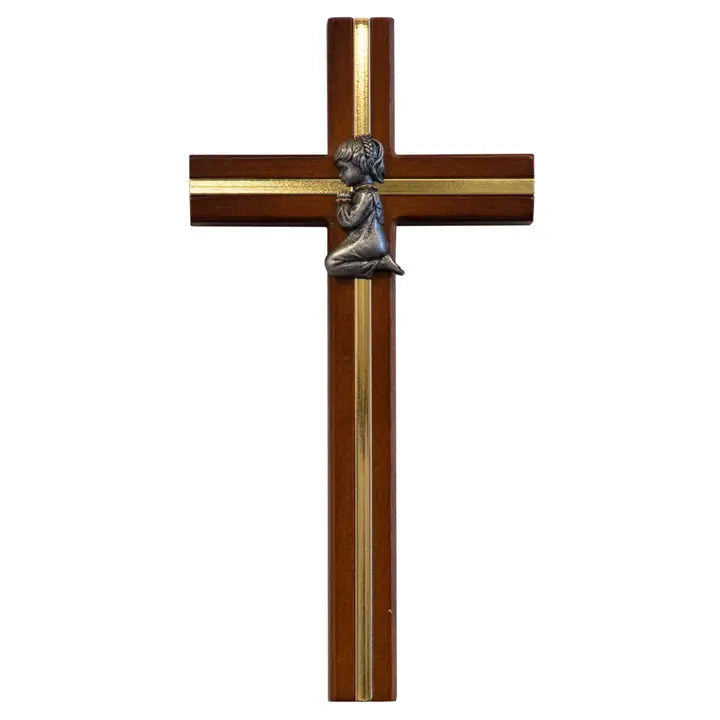 Dark Wood Praying Cross with Gold Tone Inlay