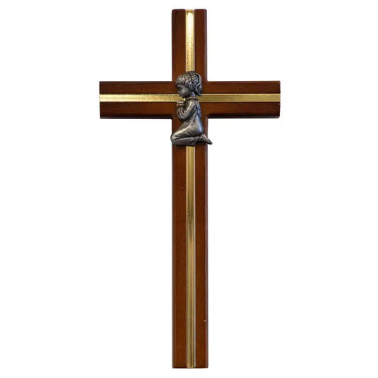 Dark Wood Praying Cross with Gold Tone Inlay