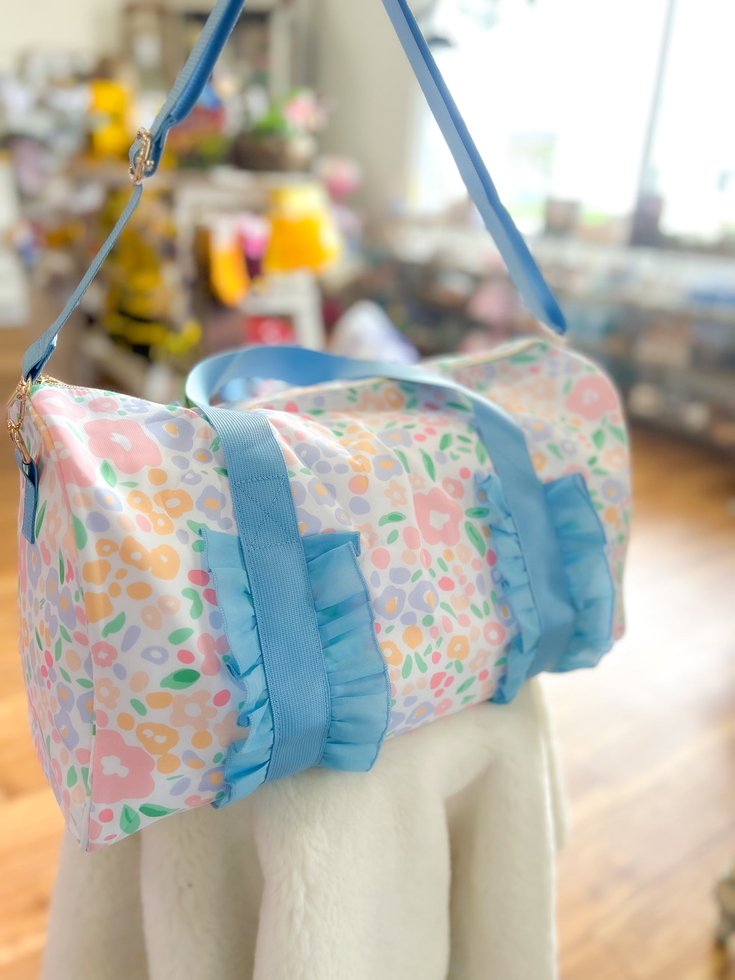 Light Blue Ruffle Floral Women Duffle Bag