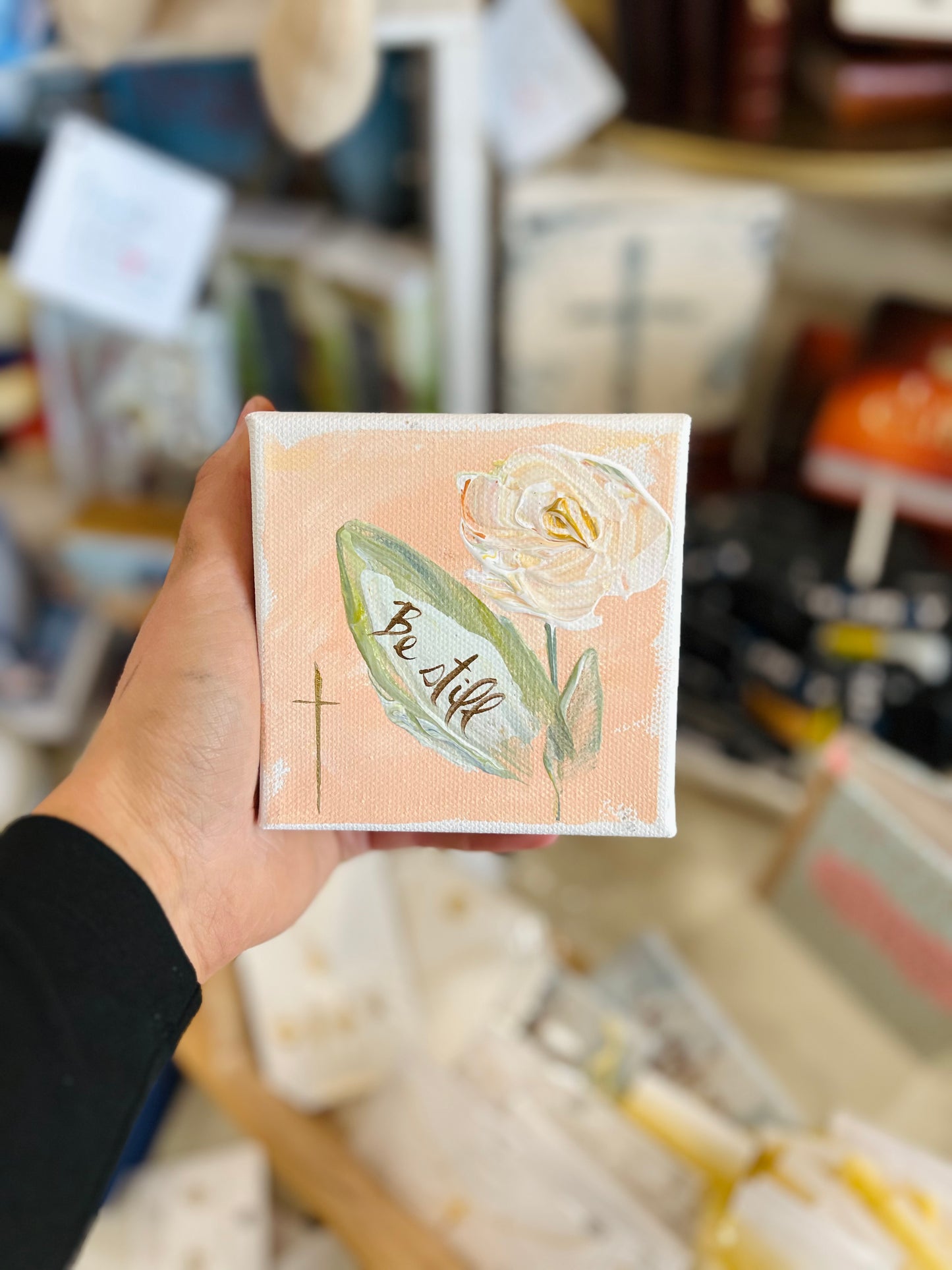 4x4 Be Still with Peach Background Canvas Art