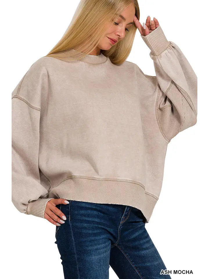 Acid Wash Fleece Oversized Pullover- Ash Mocha