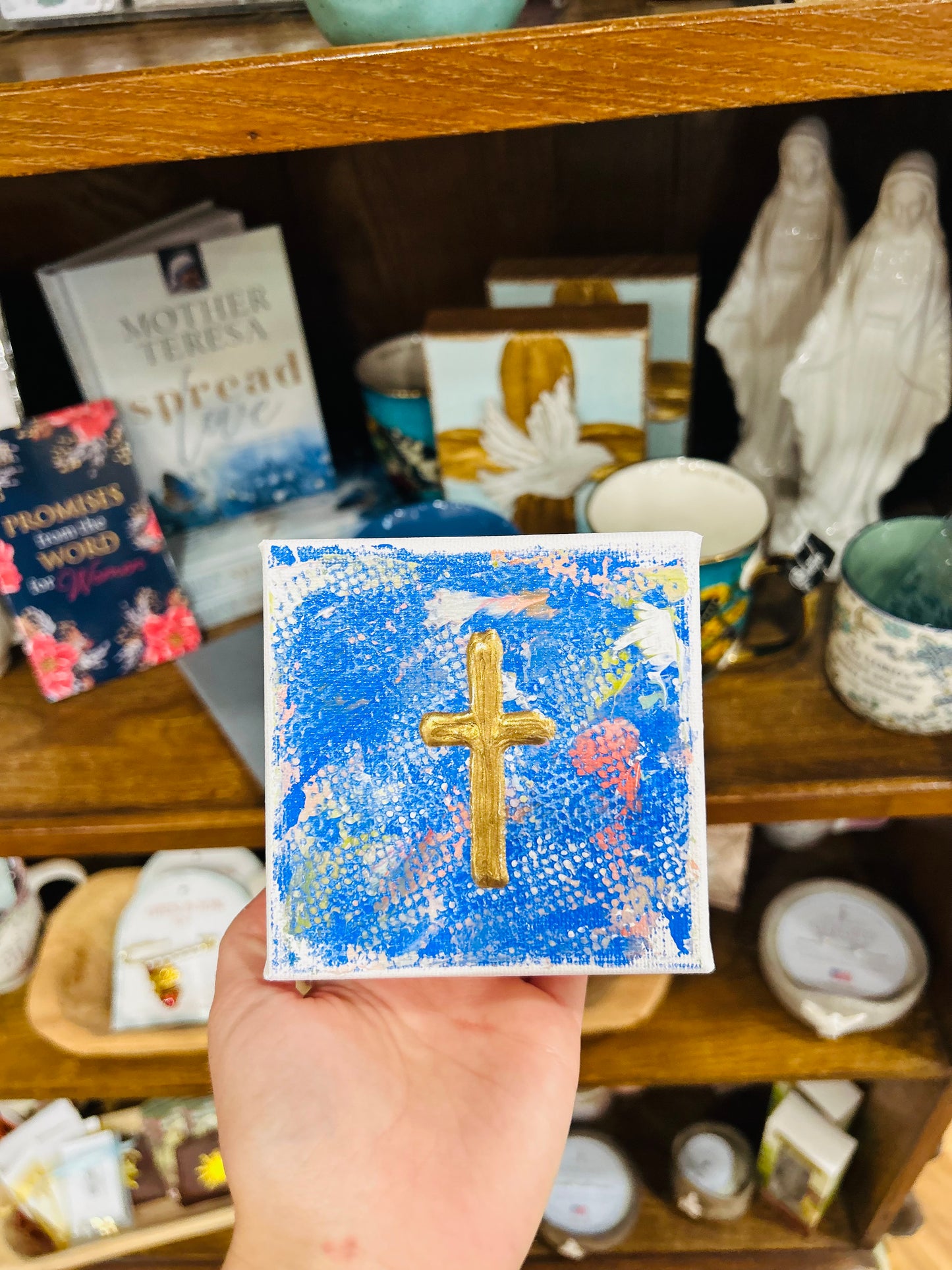 4x4 Gold Cross with Blue Background Canvas Art
