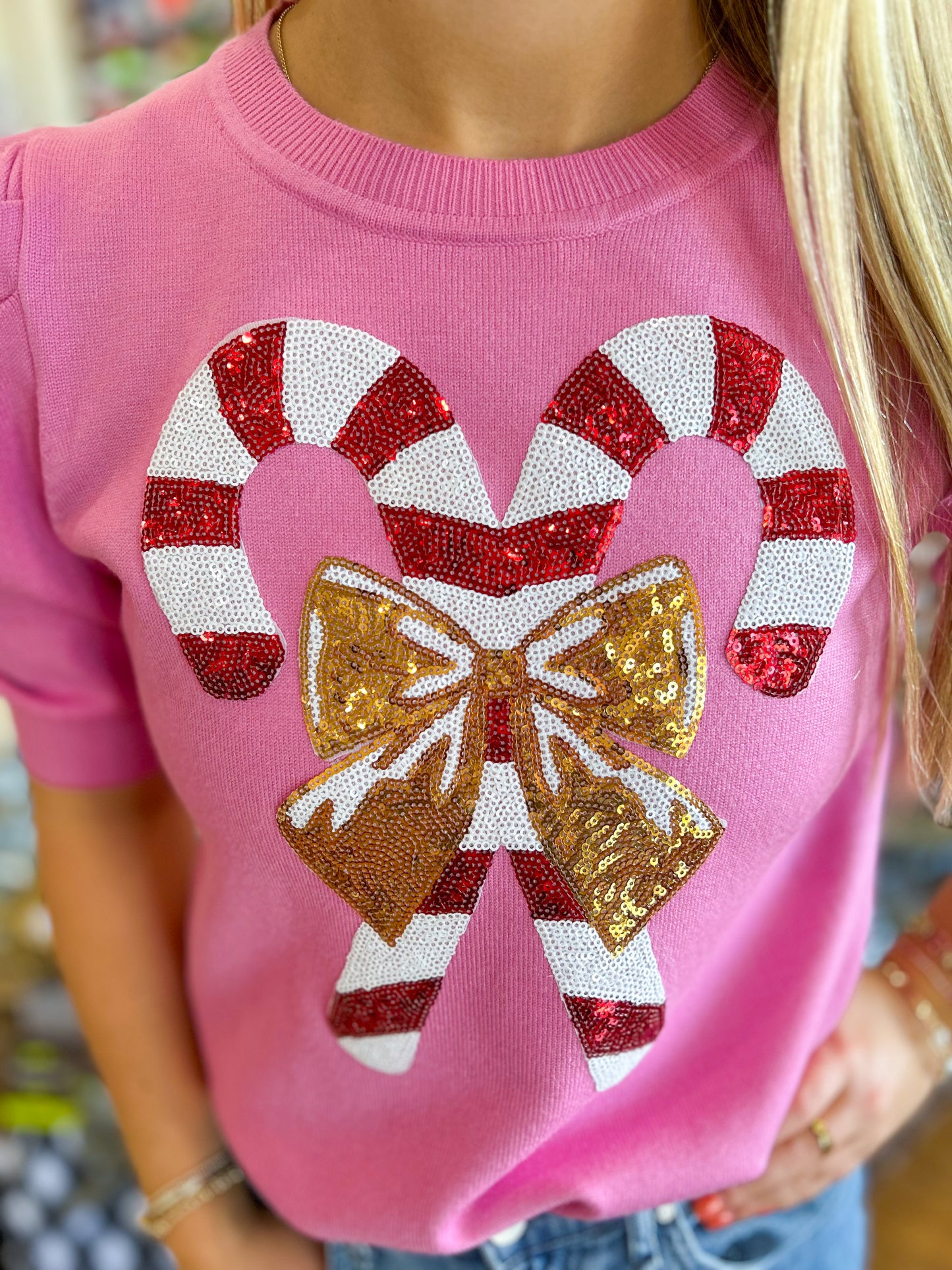 Candy Cane Short Sleeve Sweater- Pink