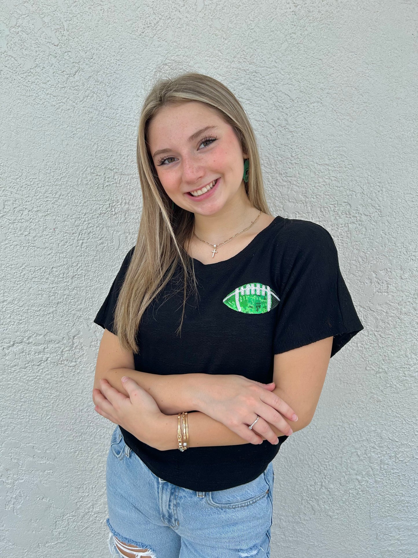 Black and Green Sequin Football Tee