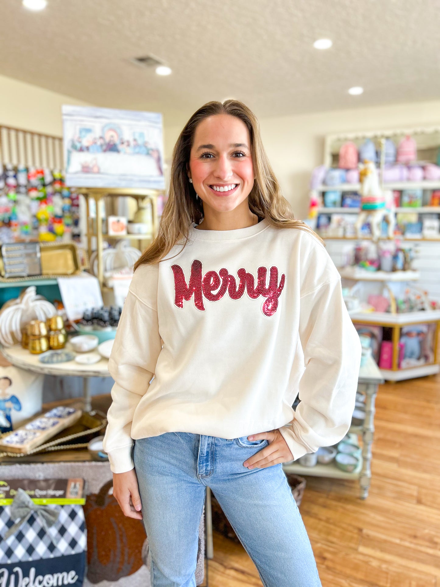 Sequin Merry Christmas Sweatshirt- Cream