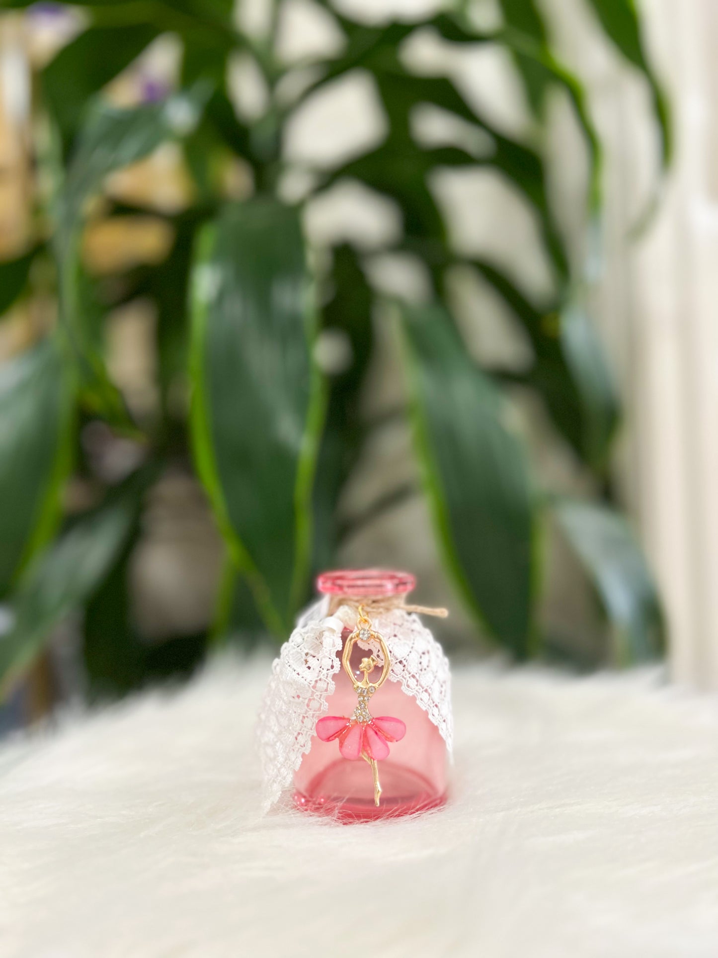 Pink Ballerina Bud Vase with White Lace and Charms