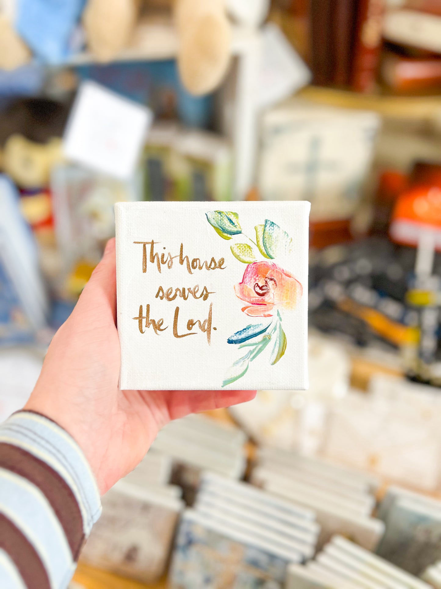 4x4 This House Serves the Lord with Pink Flower Canvas Art