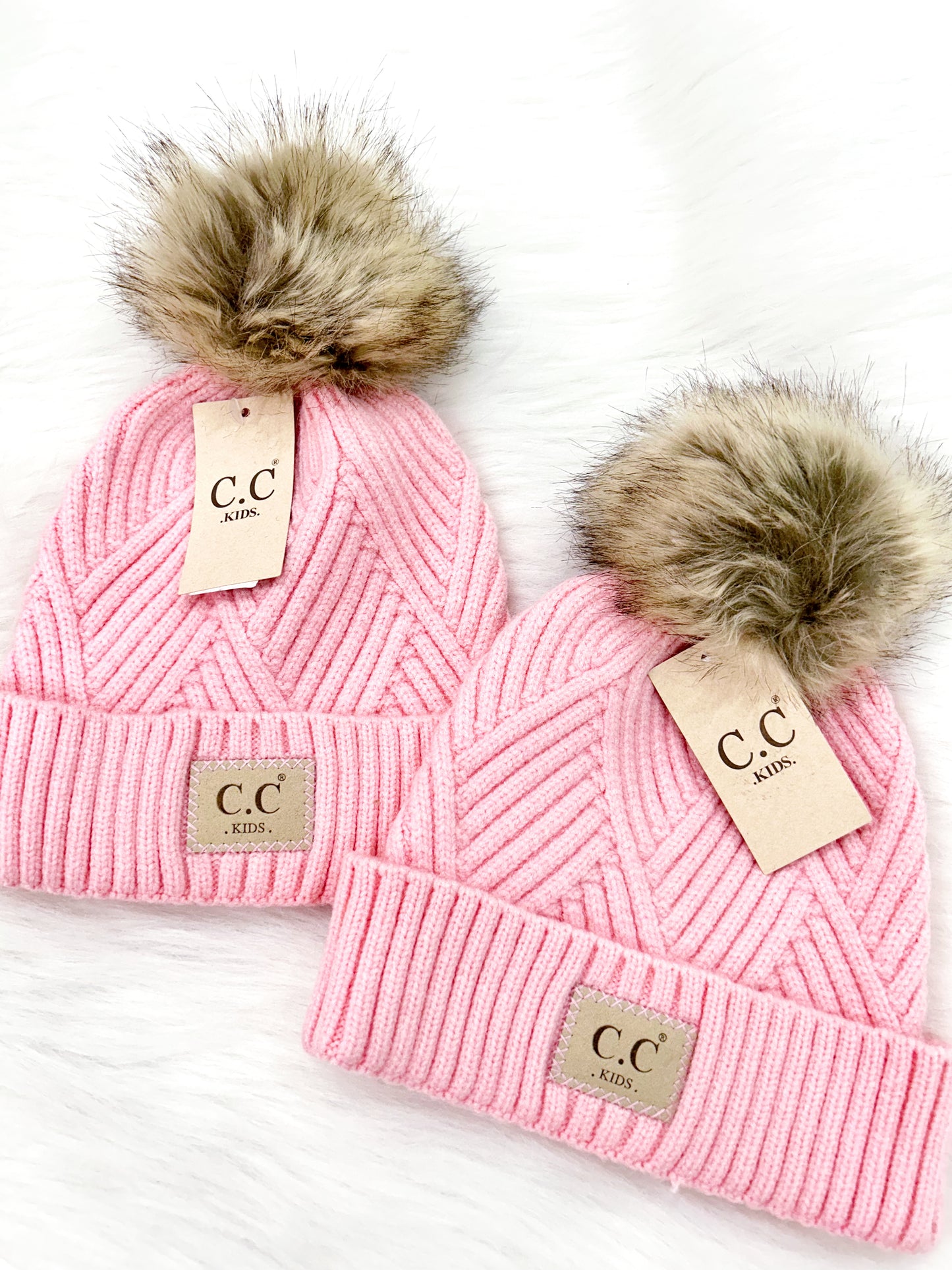 Pink Kids C.C Beanie with Fur Puff