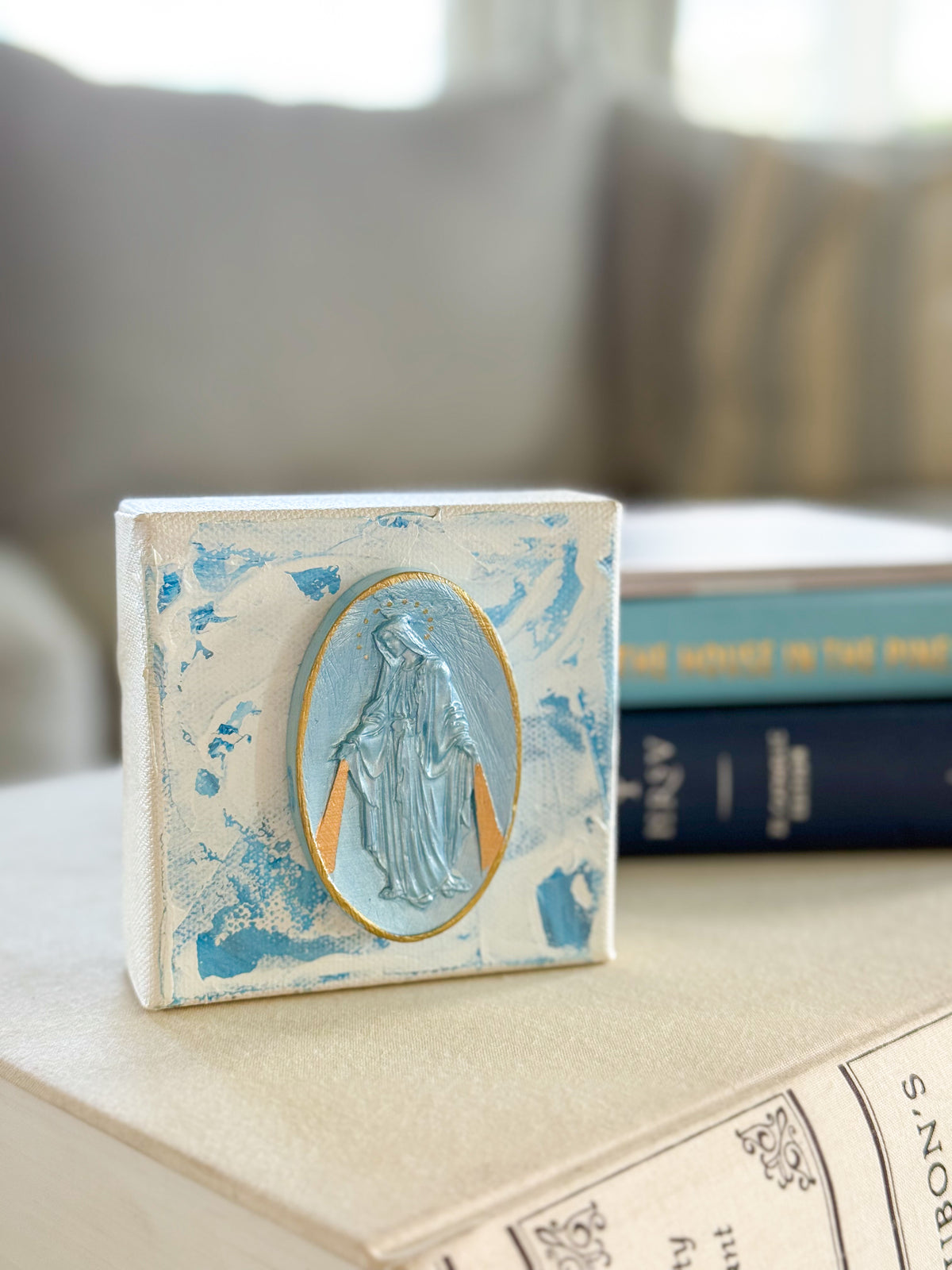 Our Lady of the Miraculous Medal on 4x4 Light Blue/White Canvas