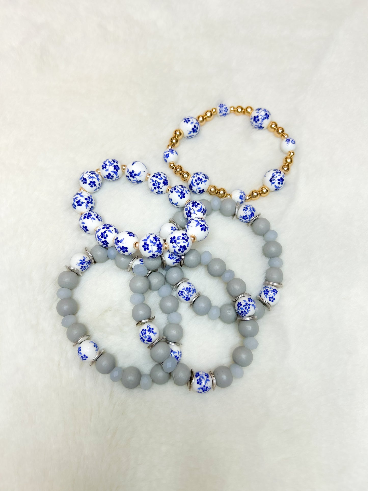 Grey Beaded Bracelet with Blue Floral Beads