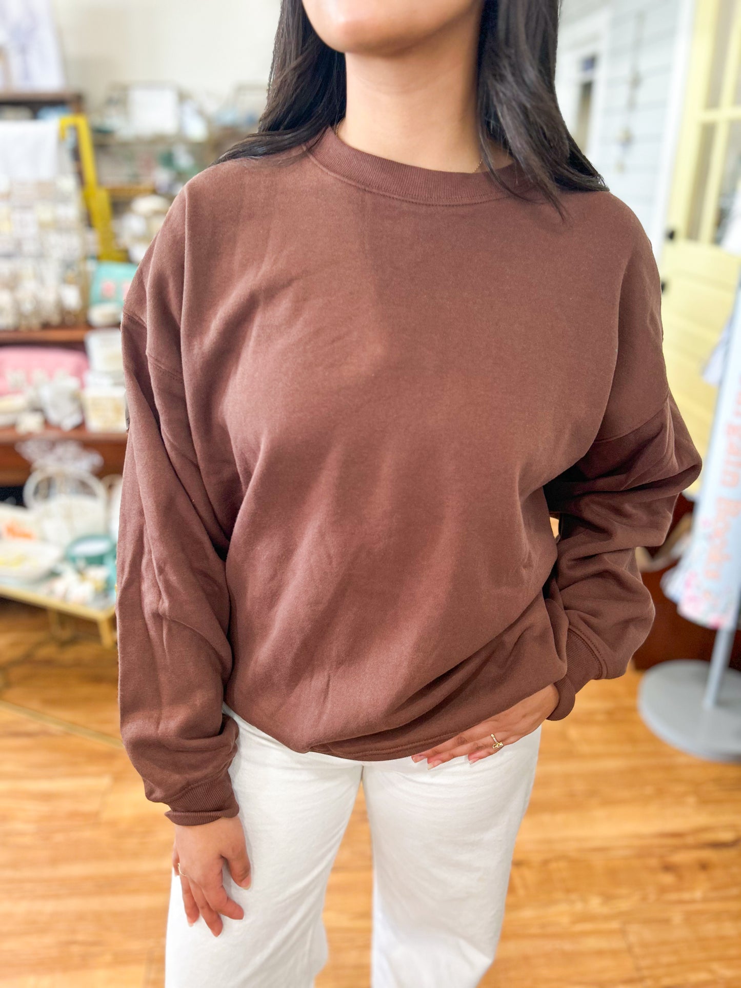 Fleece Crewneck Pullover Sweatshirt- Brown