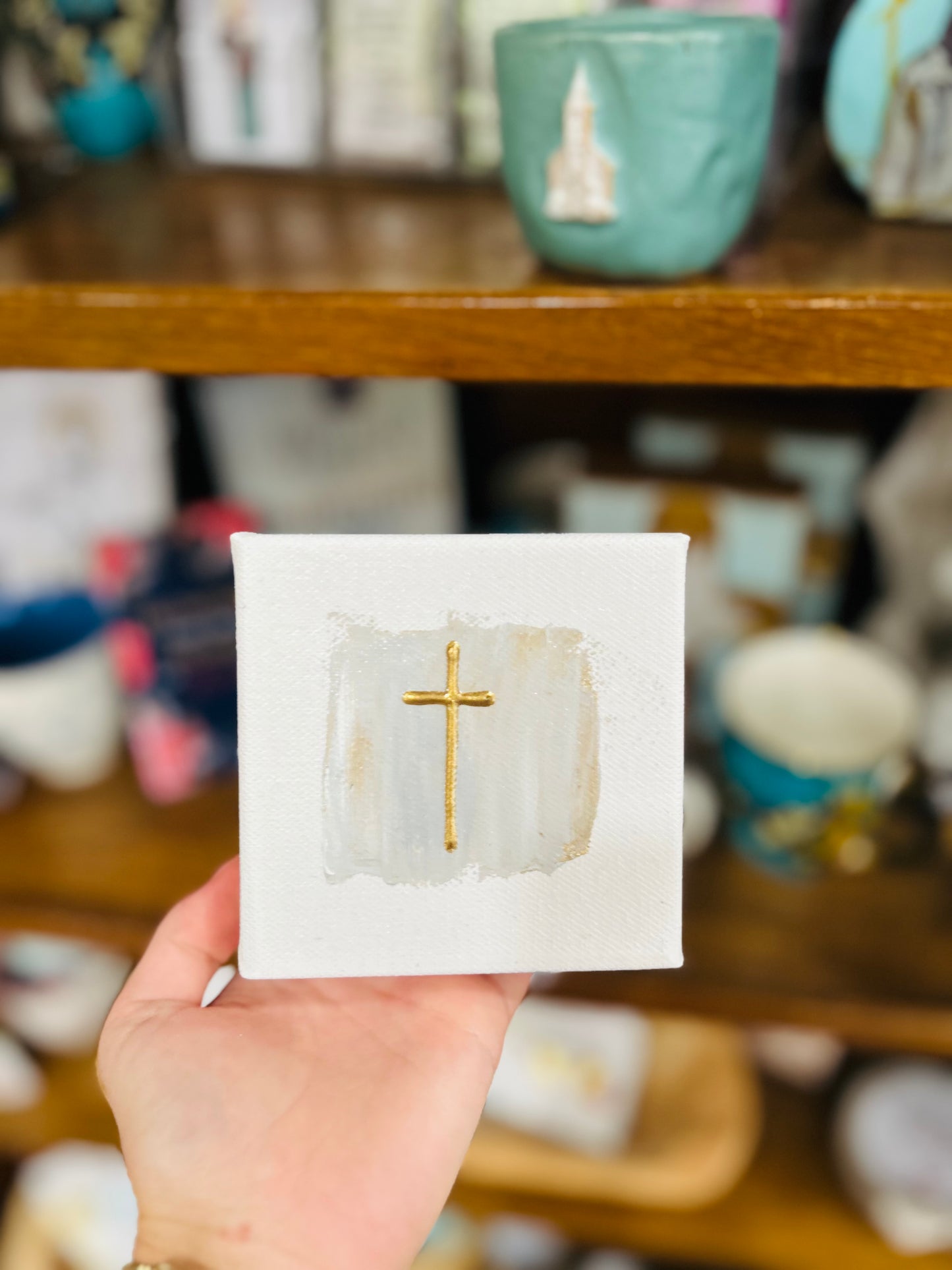 4x4 Small Gold Cross with Grey Background Canvas Art