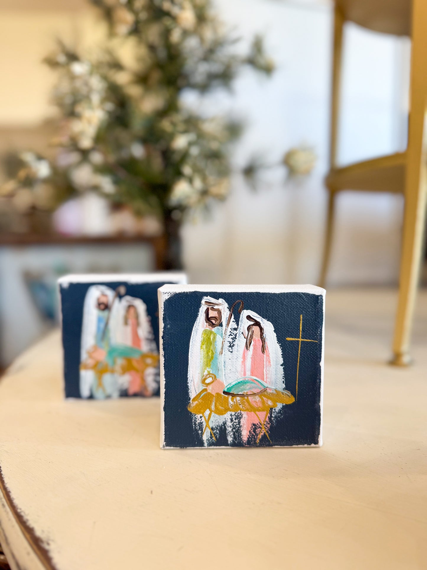4x4 Dark Grey Holy Night Nativity — Hand-Painted Art