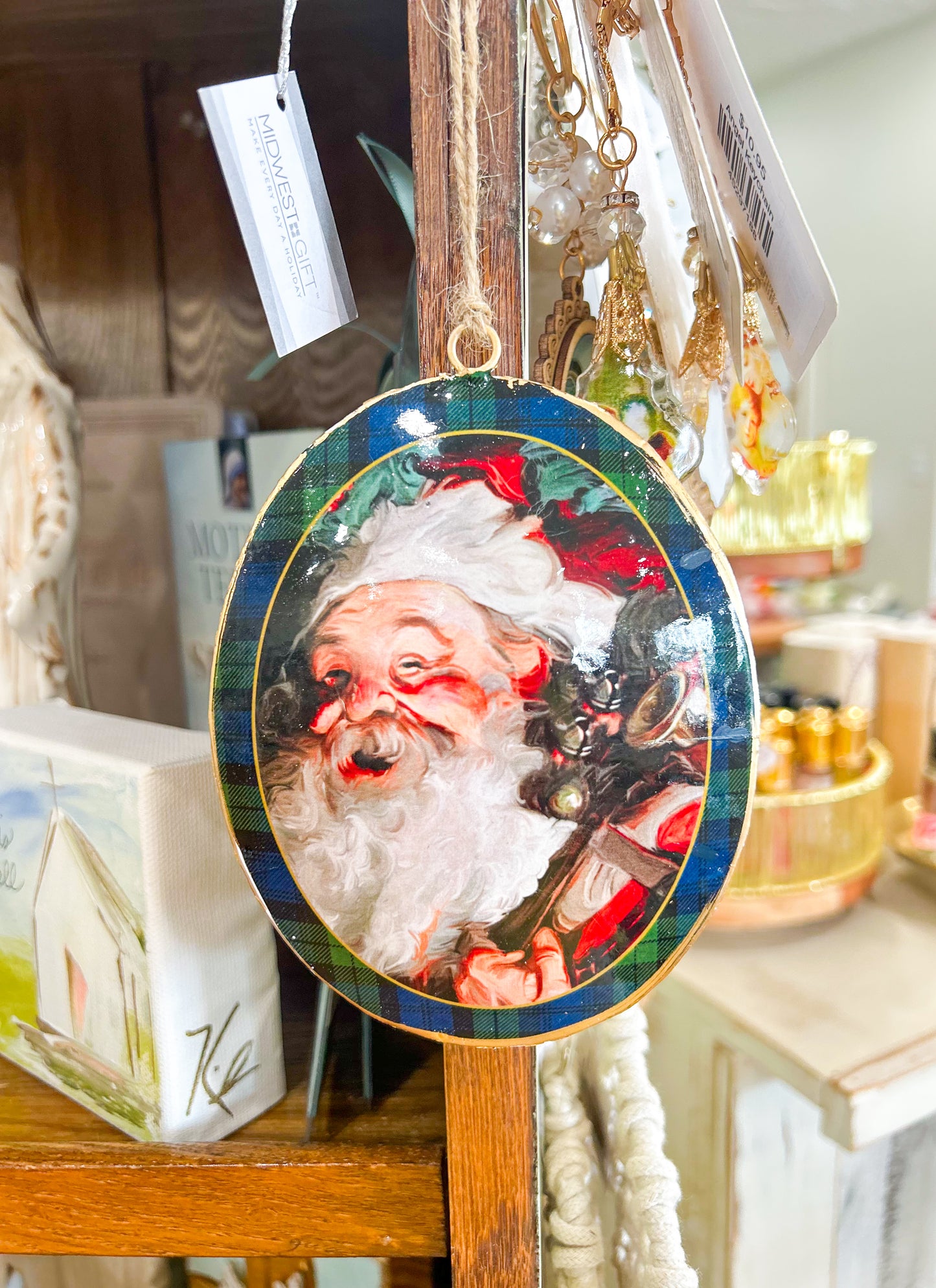 Holiday Santa Ornament Blue/Green Plaid