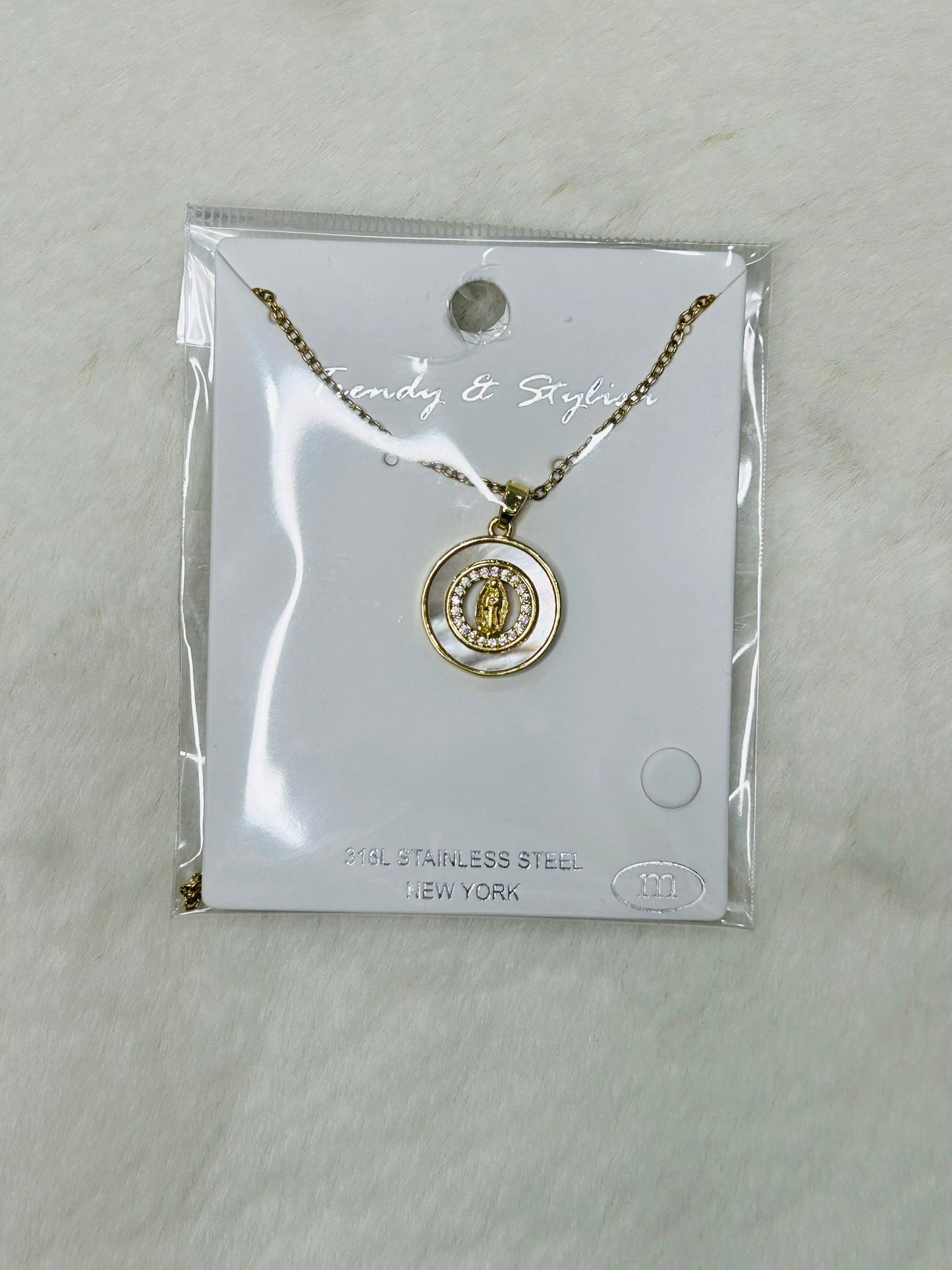 Mercy Miraculous Medal Mother of Pearl & Diamonds Gold Necklace