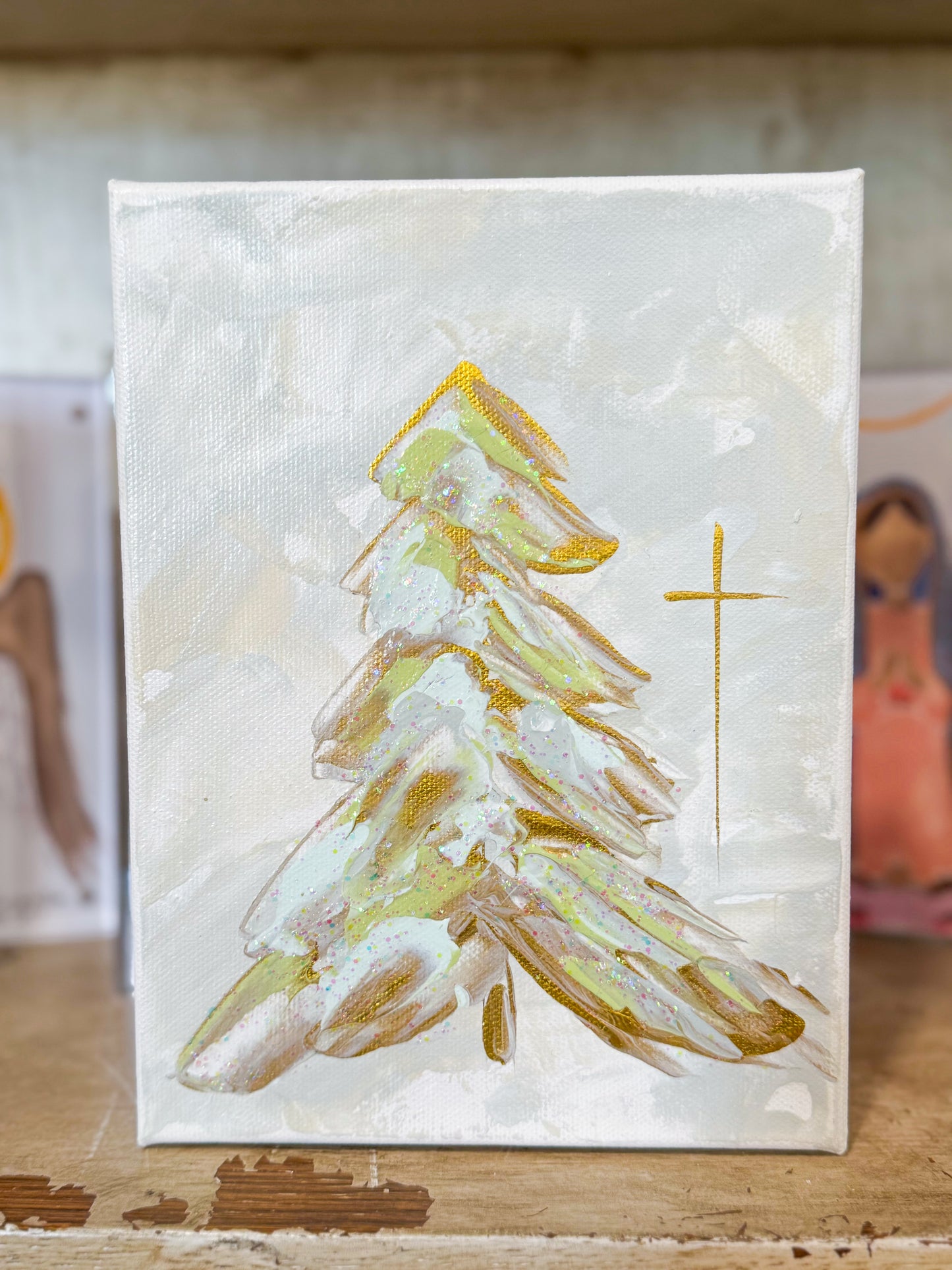 6x8 Sparkle Christmas Tree with Gold Grey— Hand-Painted Art
