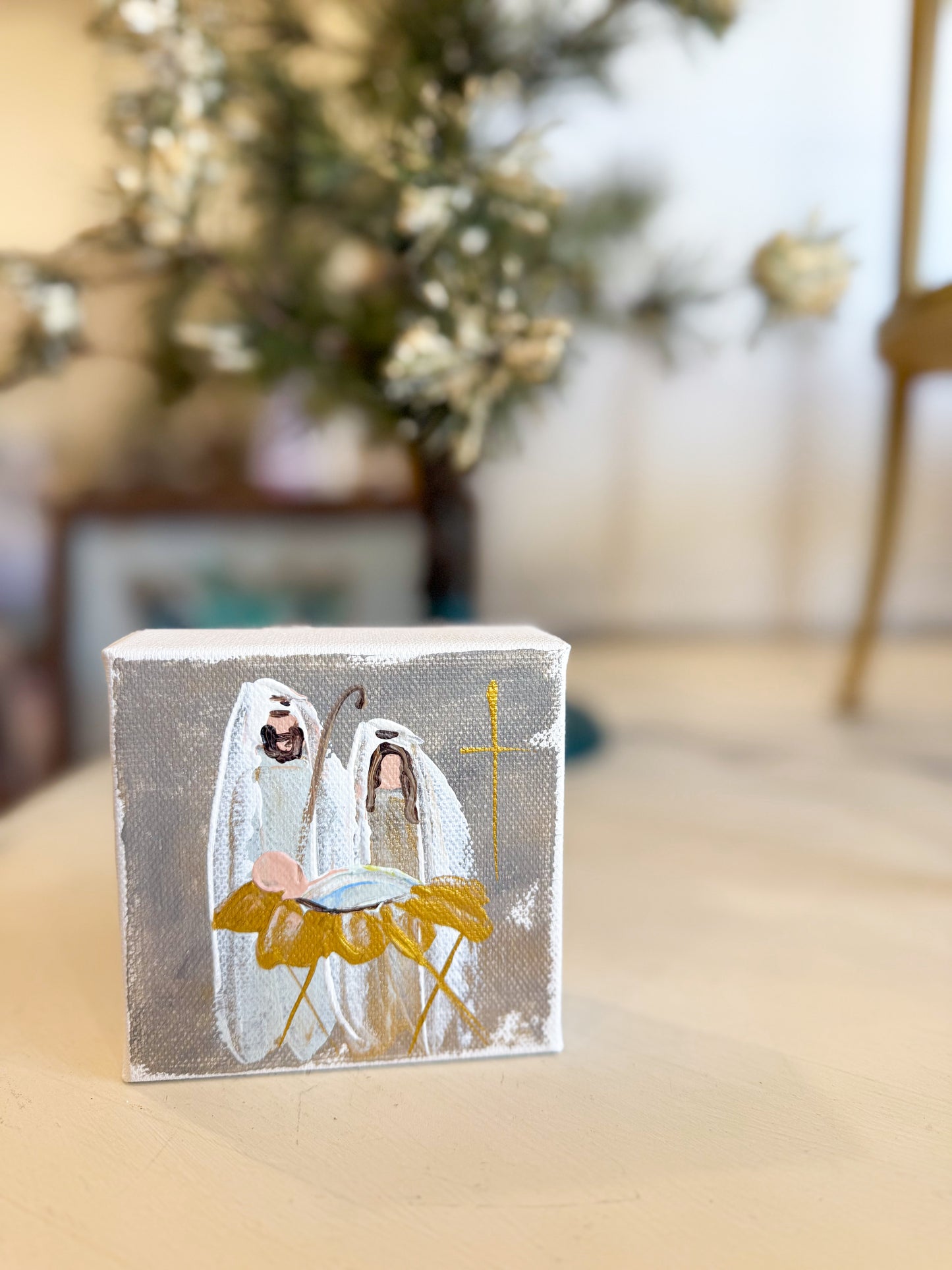 4x4 Tan Holy Night Nativity — Hand-Painted Art
