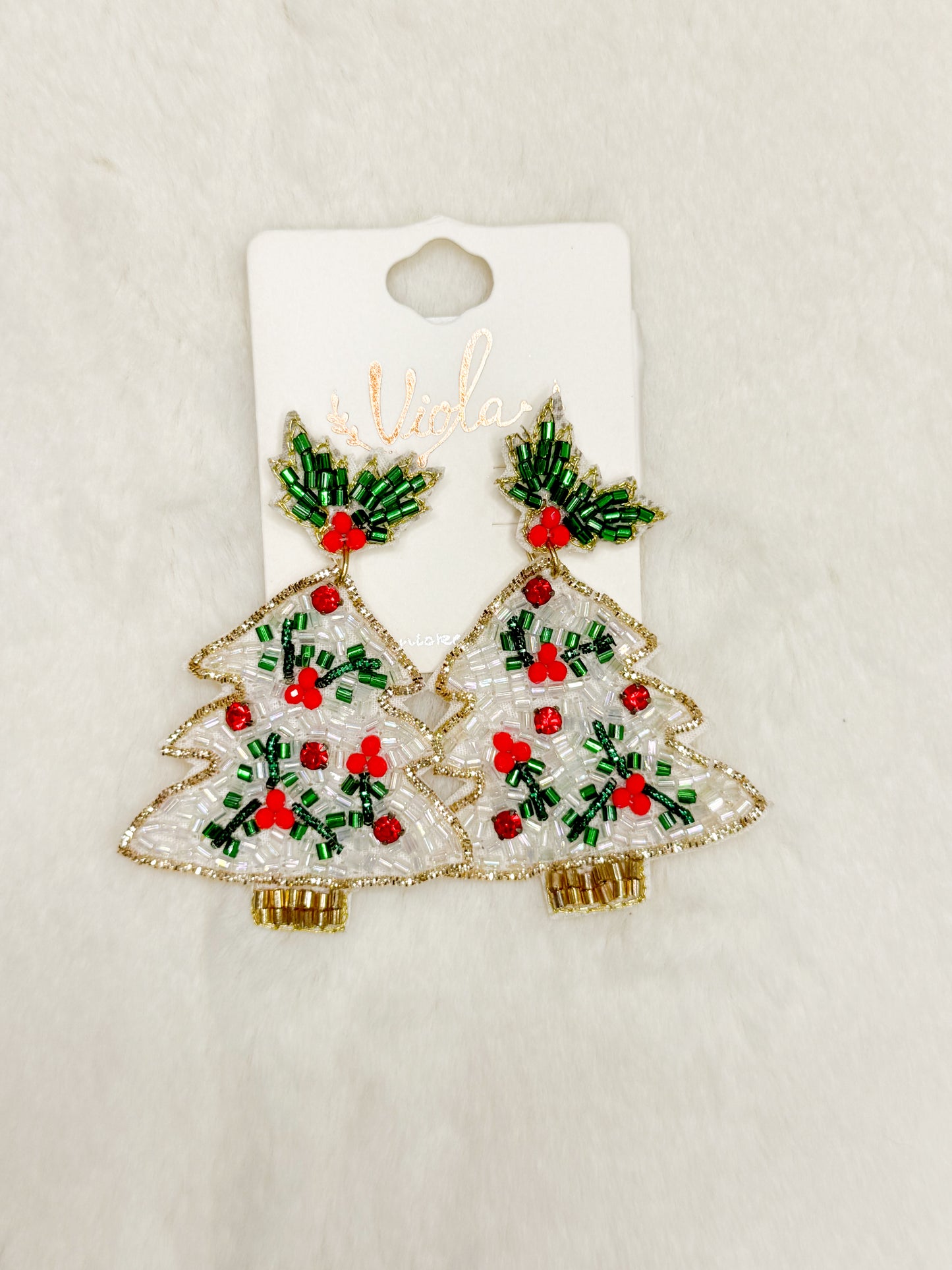 Twinkling Branches White Beaded Christmas Tree Earrings