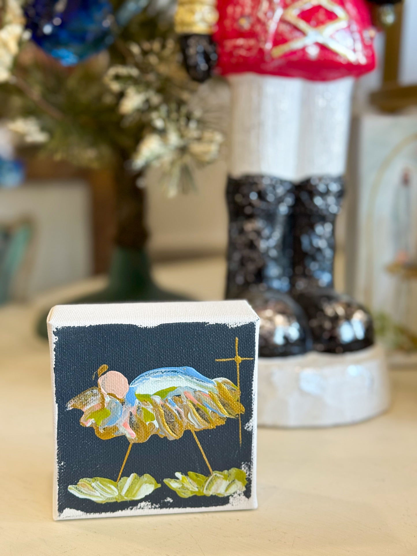 4x4 Dark Grey Jesus in the Manger — Hand-Painted Art