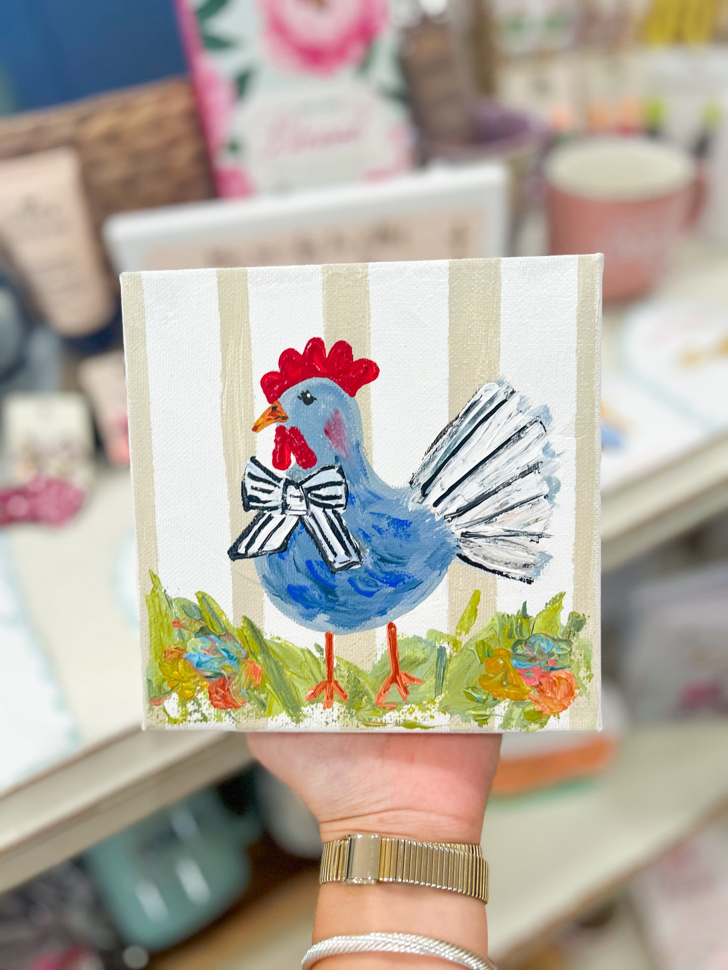 6x6 Rooster with Bow Tie and Striped Background