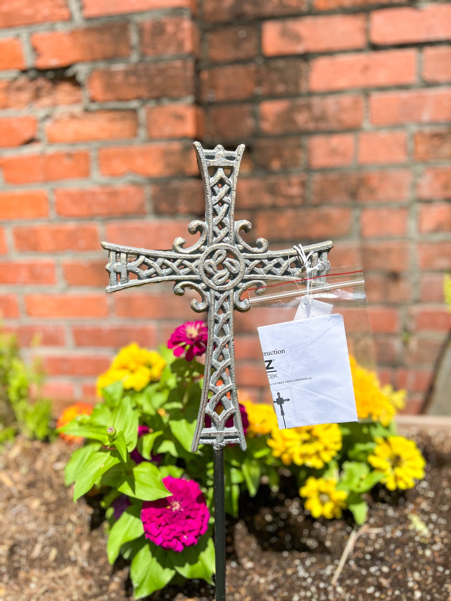 Large Grey with Gold Brush Cross Garden Stake