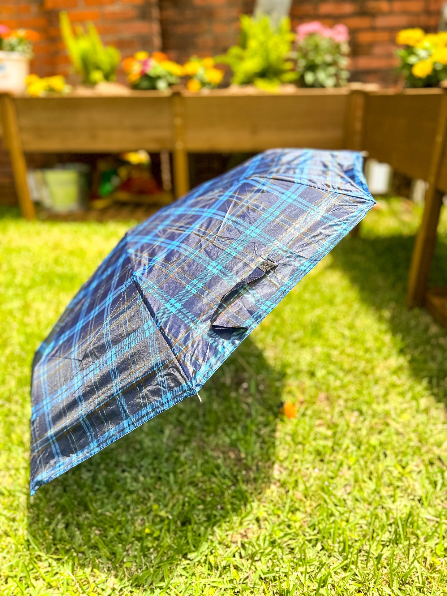 Blue Plaid Compact Umbrella