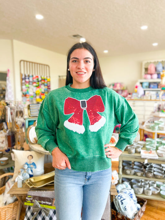 Red and White Bow Green Sweatshirt
