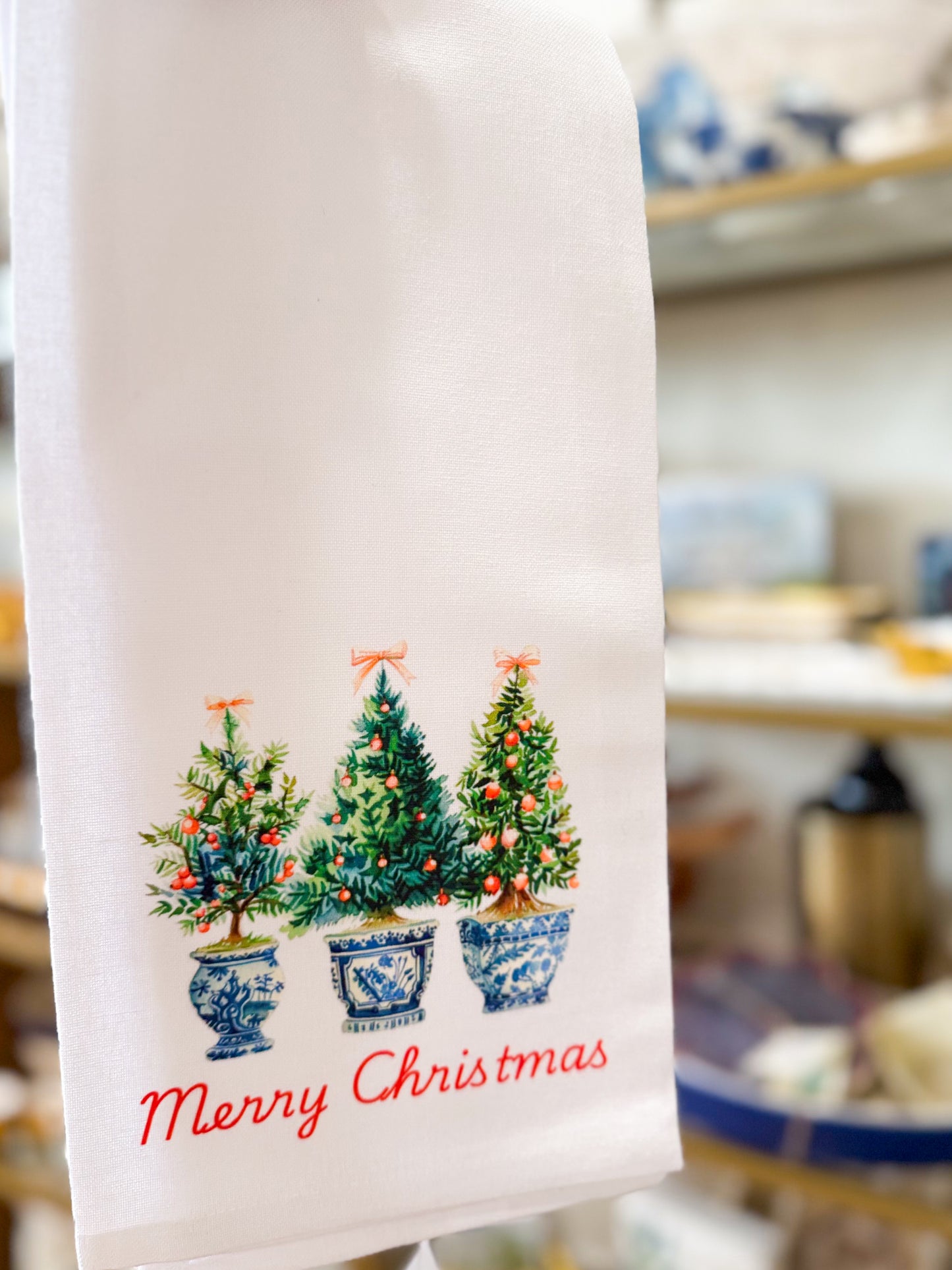 Merry Christmas Tree Trio with Blue and White Pots Hand Towel