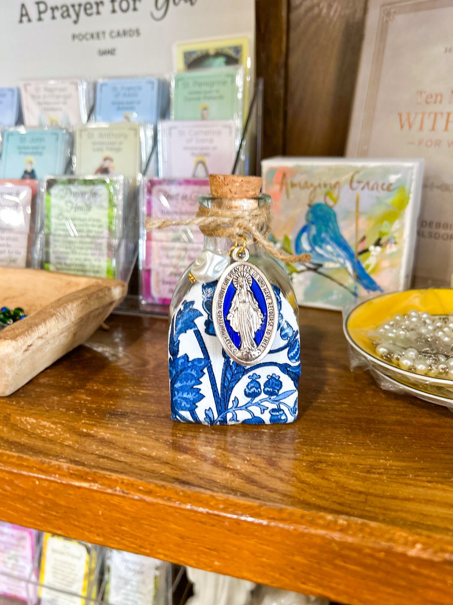 Dark Blue Floral Pearl Holy Water Container