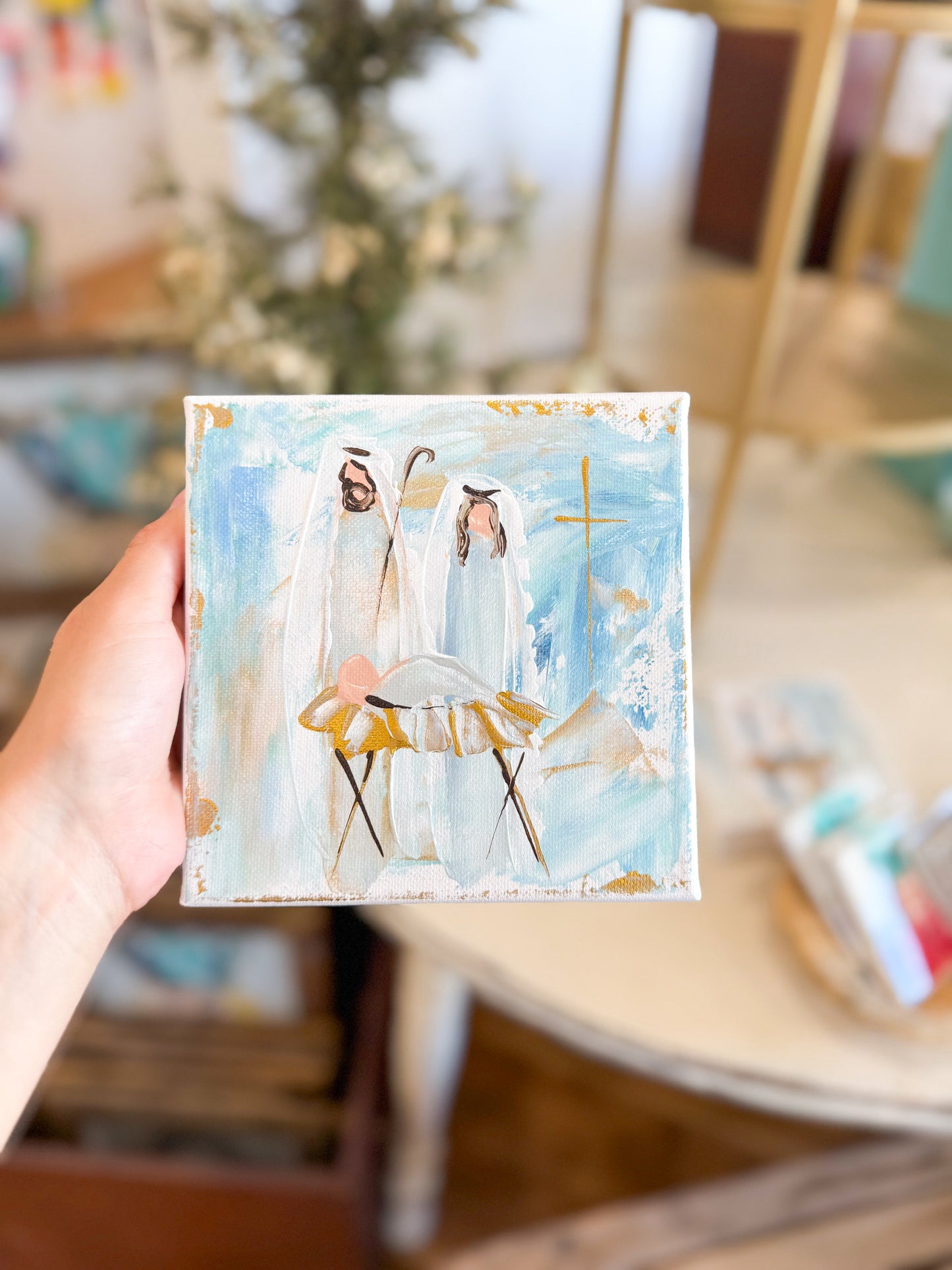 6x6 Blue Holy Night Nativity — Hand-Painted Art