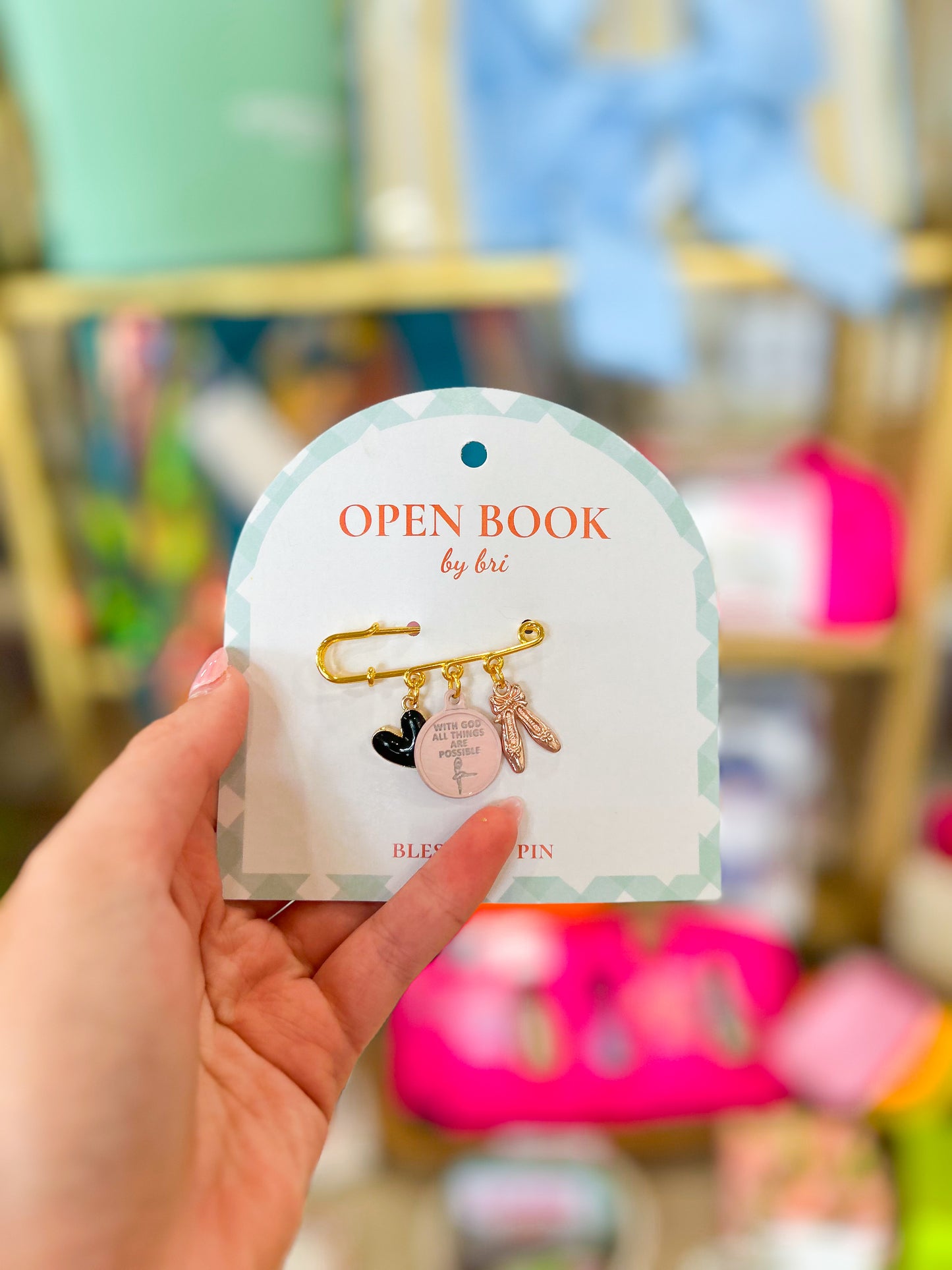 Open Book Med Pin/3Charm: Black Heart, With God Charm, Ballet Slippers