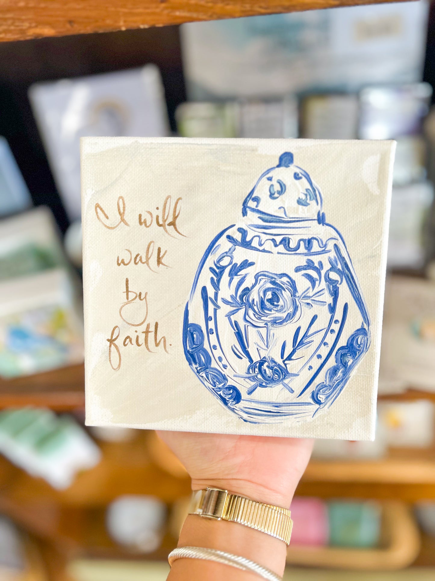 6x6 I Will Walk by Faith with Blue China Piece