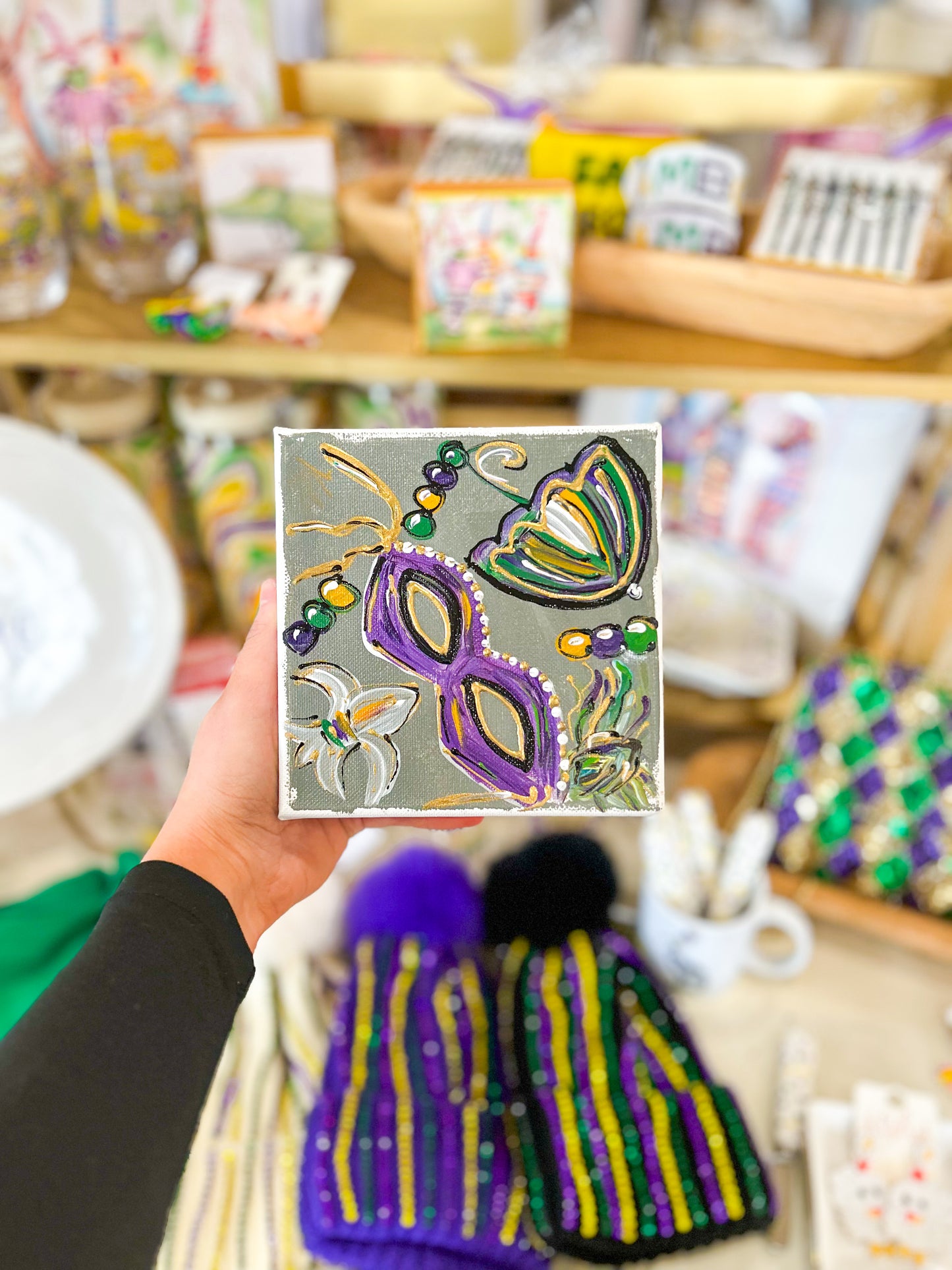 6x6 Grey Mardi Gras Mask and Umbrella Canvas Art