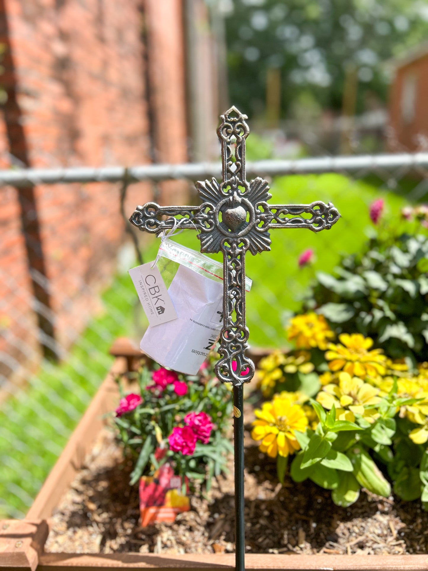 Large Grey with Gold Brush Cross Garden Stake