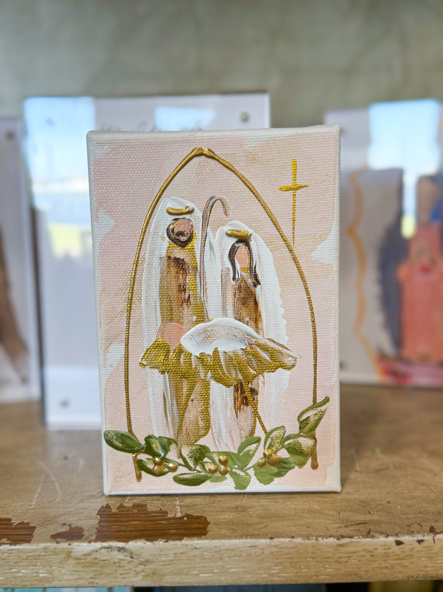 4x6 Mary, Joseph, & Baby Jesus with Greenery Light Pink — Hand-Painted Art