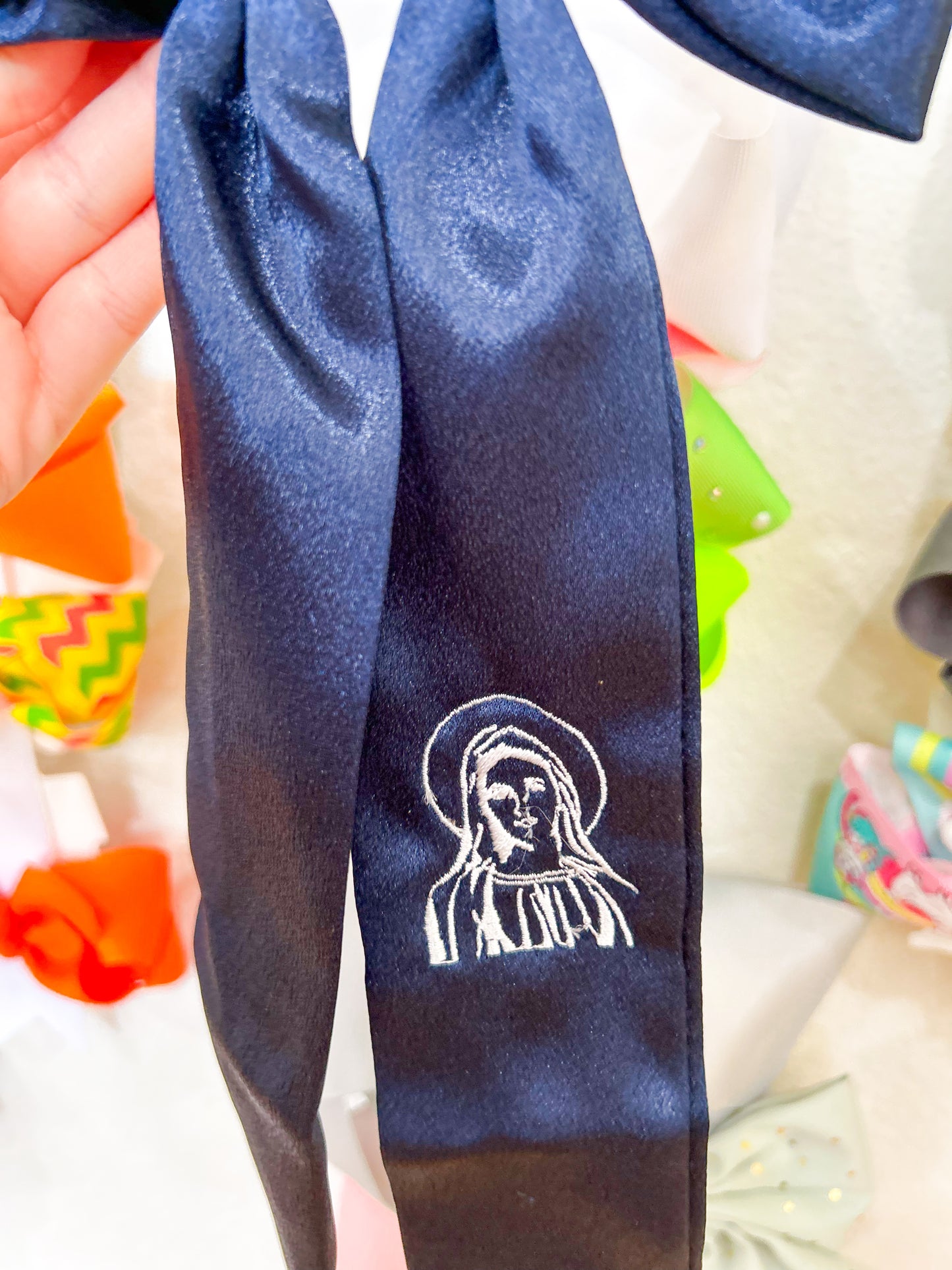 Savannah Navy with White Stitch Mother Mary Hairbow