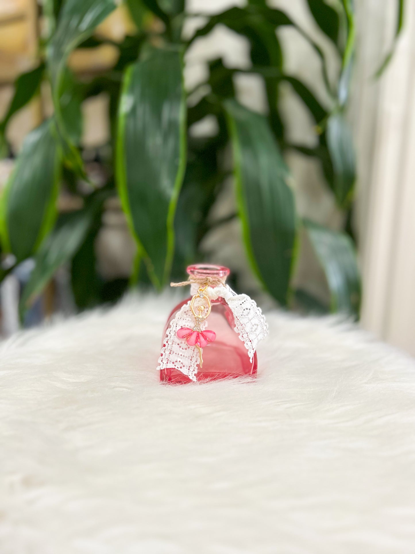 Pink Ballerina Bud Vase with White Lace and Charms