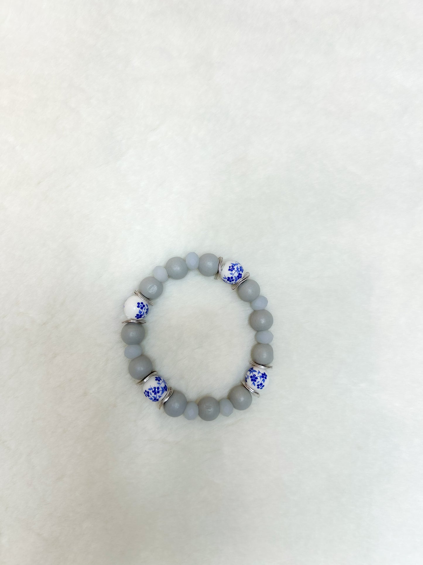 Grey Beaded Bracelet with Blue Floral Beads