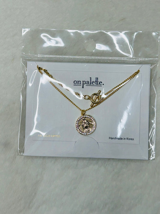 Double Layered Miraculous Medal Diamonds Gold Necklace