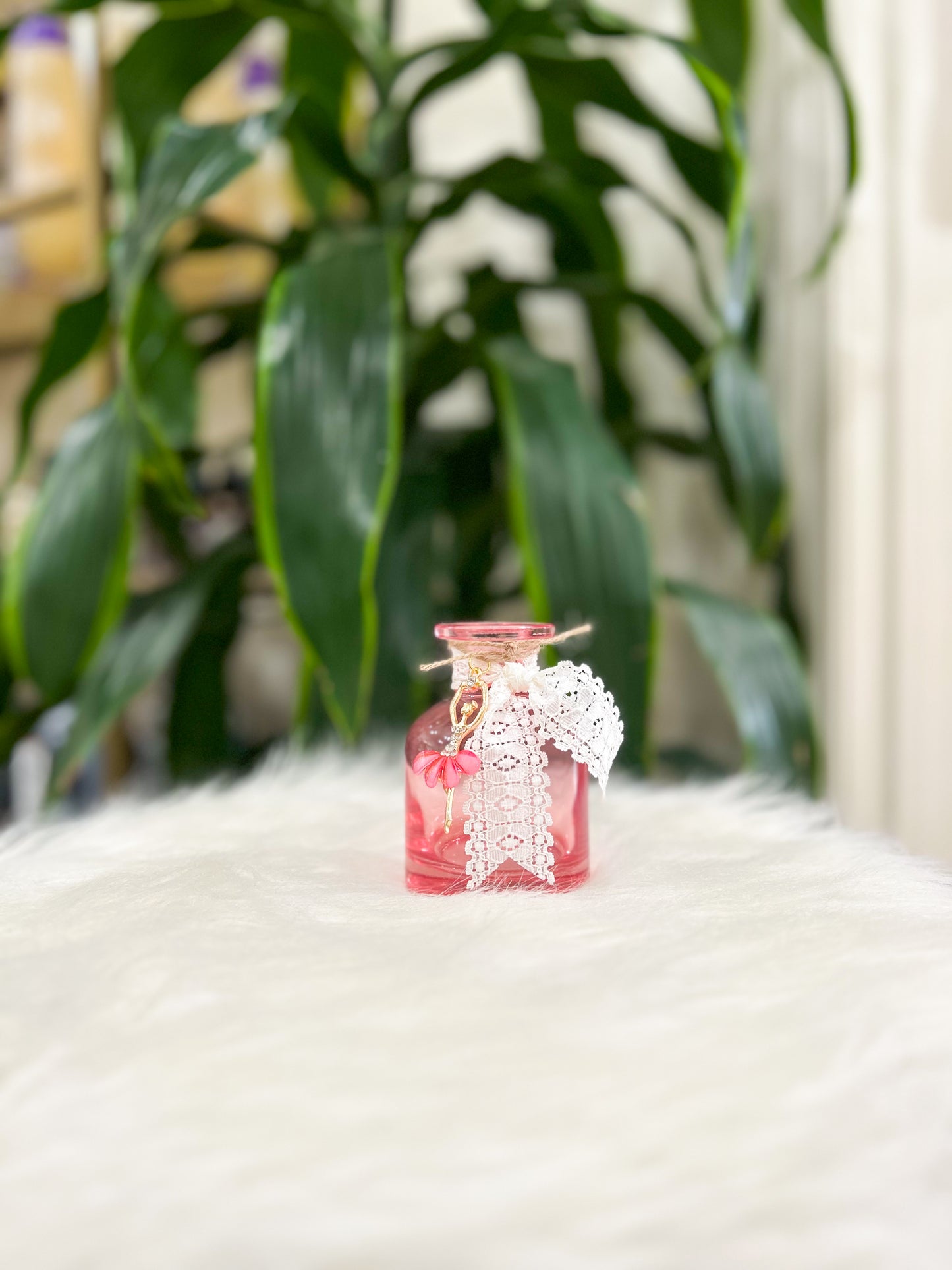Pink Ballerina Bud Vase with White Lace and Charms
