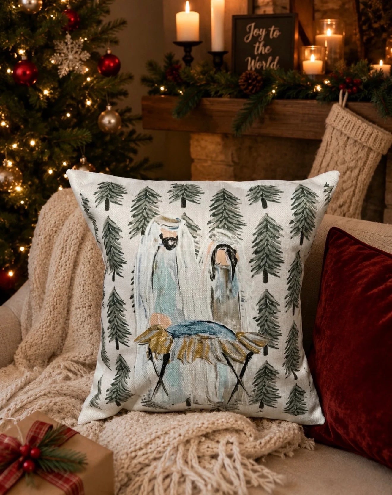 Christmas Tree Nativity Square Pillow