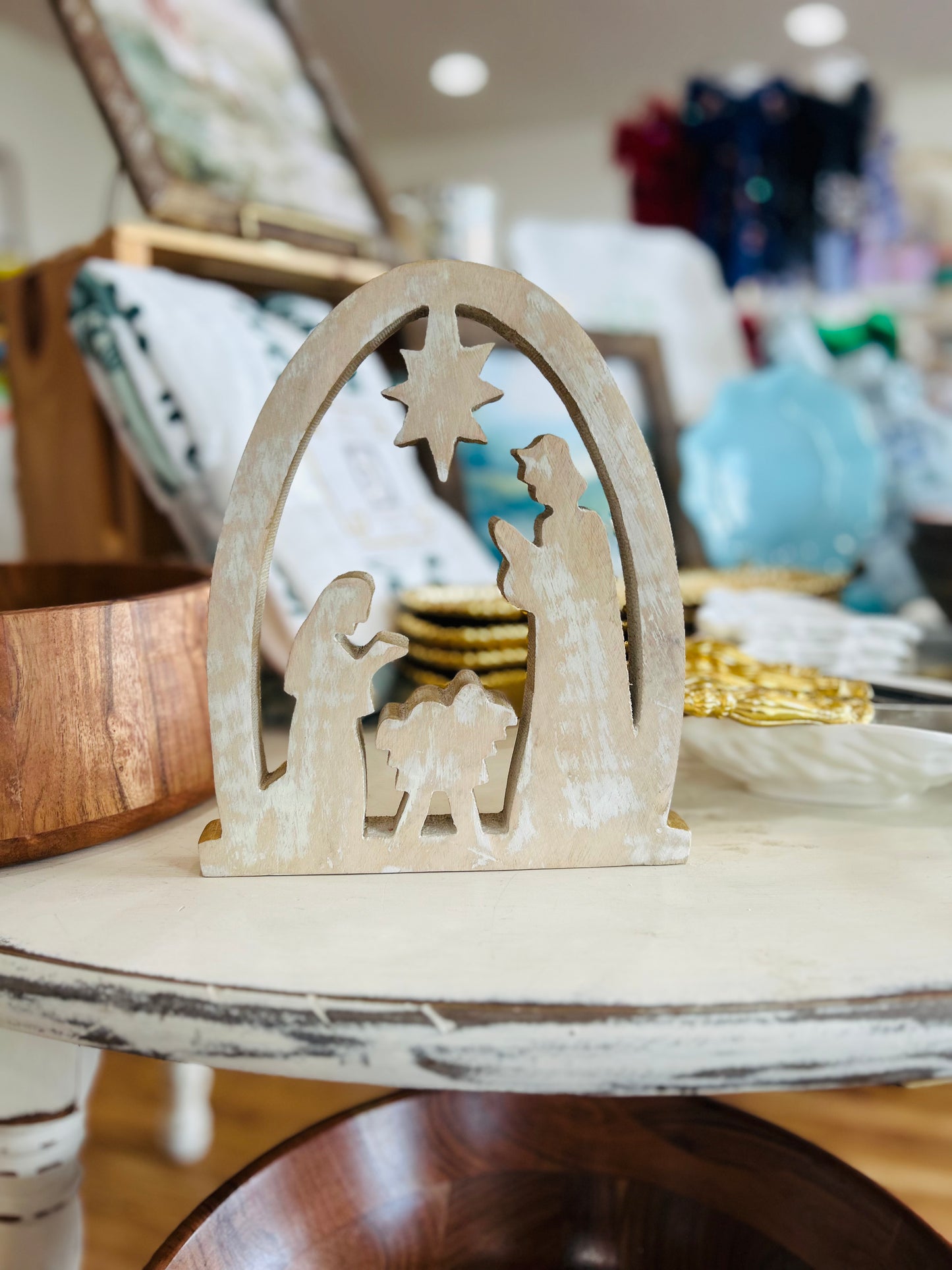 Gold Wooden Arched Nativity- White Wash Backing