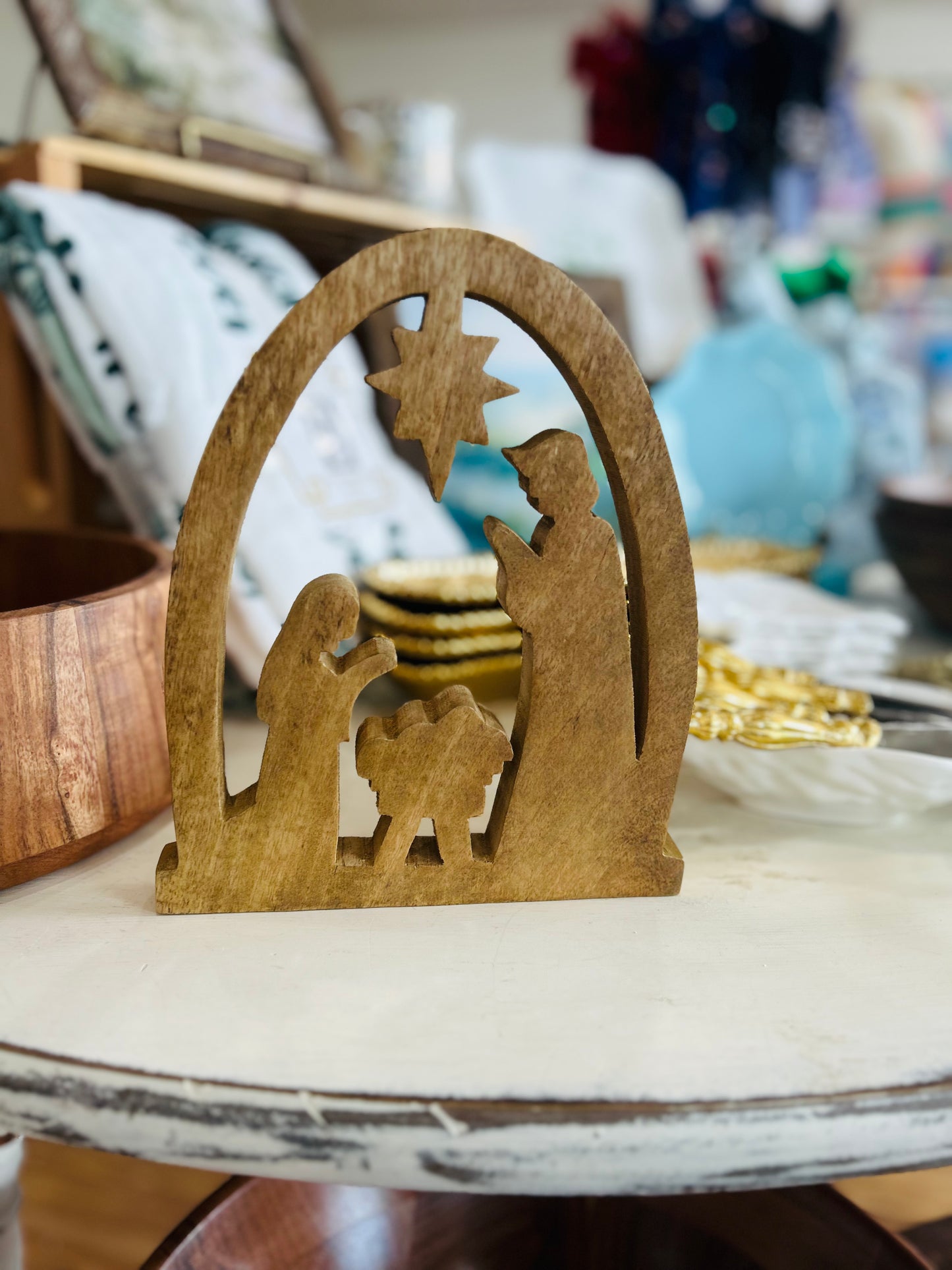 Gold Wooden Arched Nativity- Wood Backing