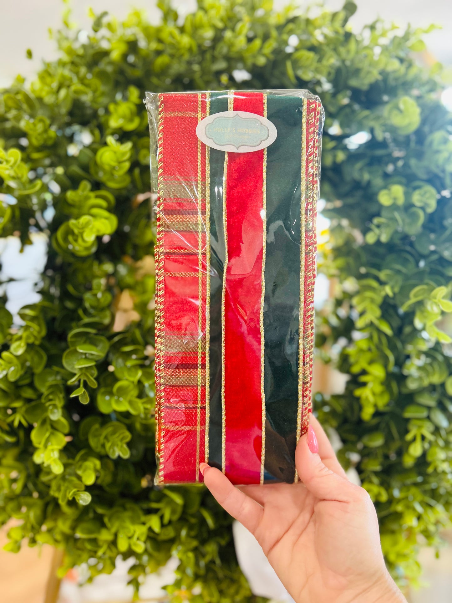 Holly Holiday Wreath Ribbon Trio Style