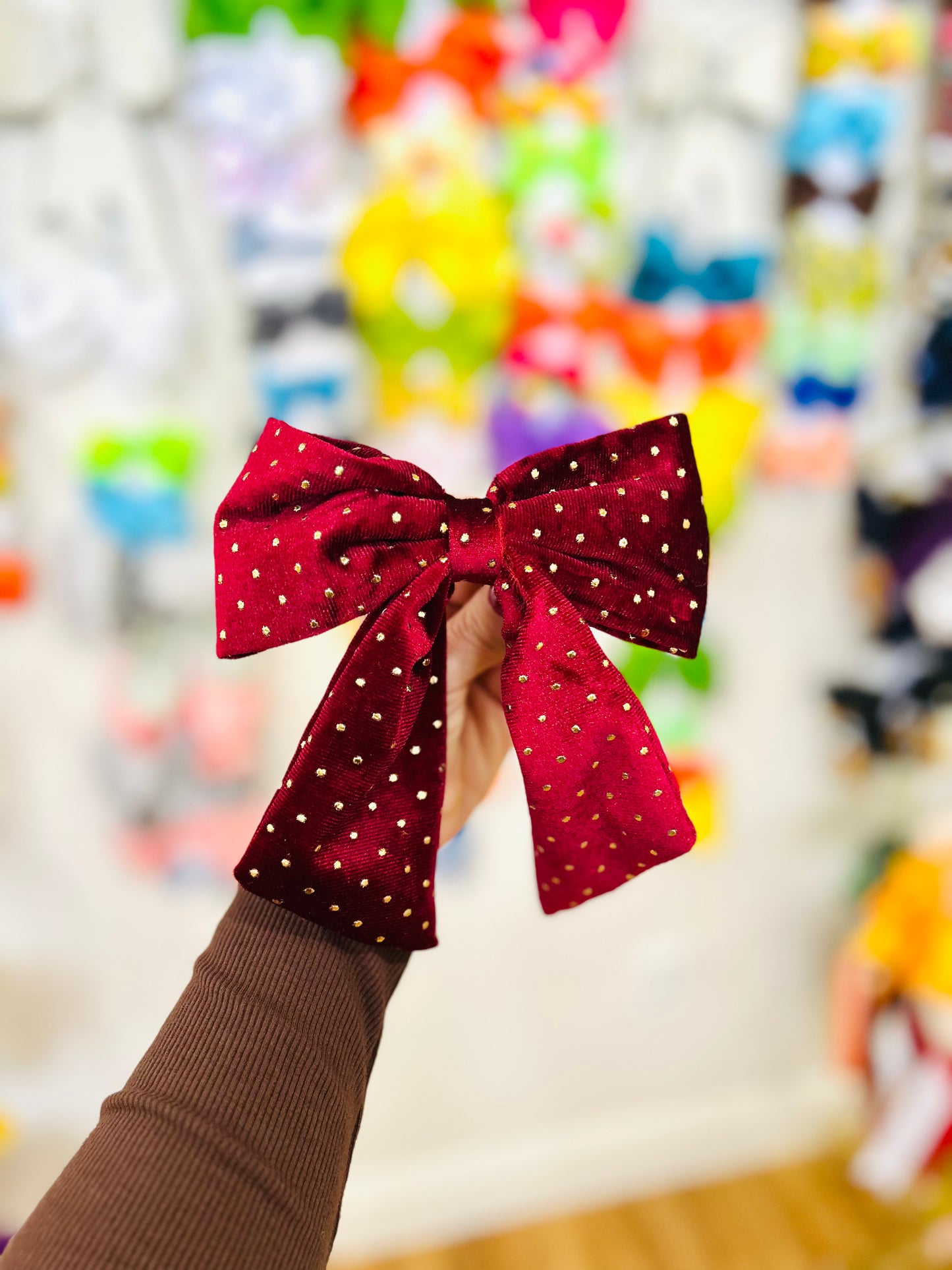 Velvet Hair Bow with Gold Dots