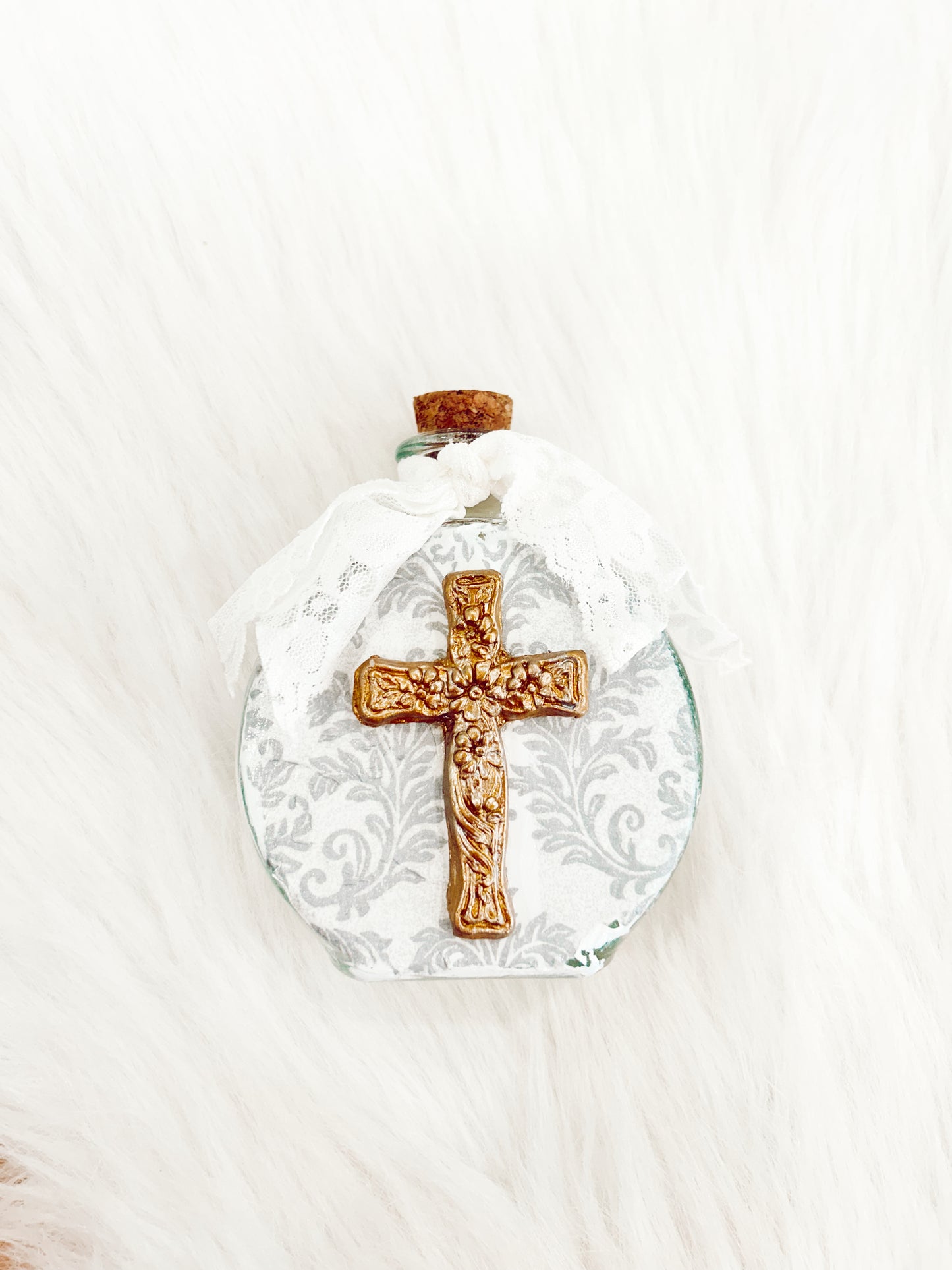 Grey Floral Round Holy Water Container