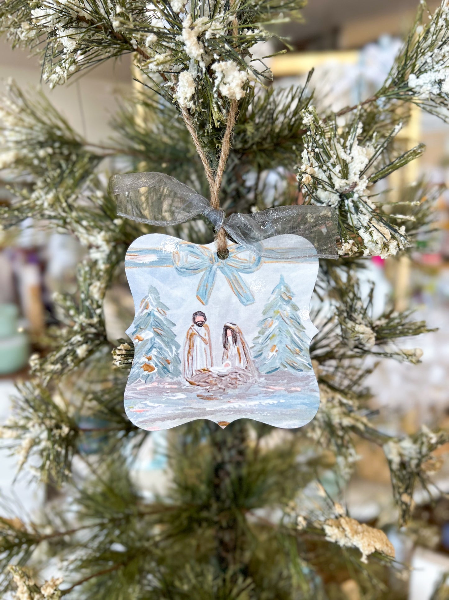 Bow Nativity Square Ornament